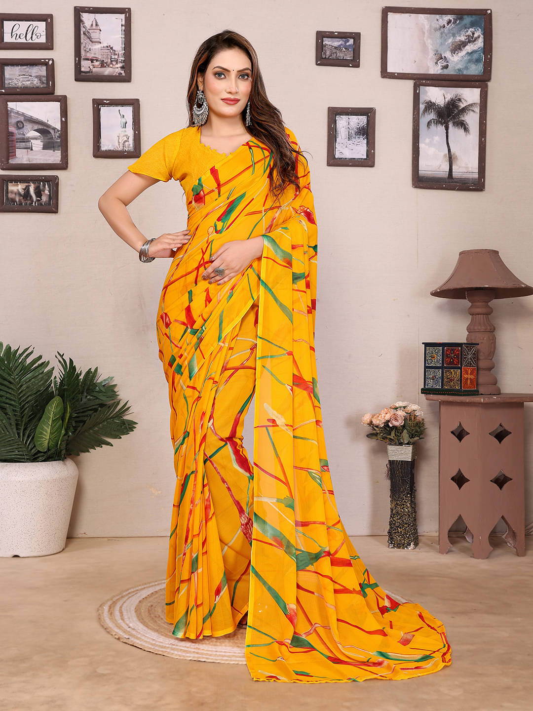     			ANAND SAREES Georgette Printed Saree With Unstitched Blouse Piece ( Yellow )