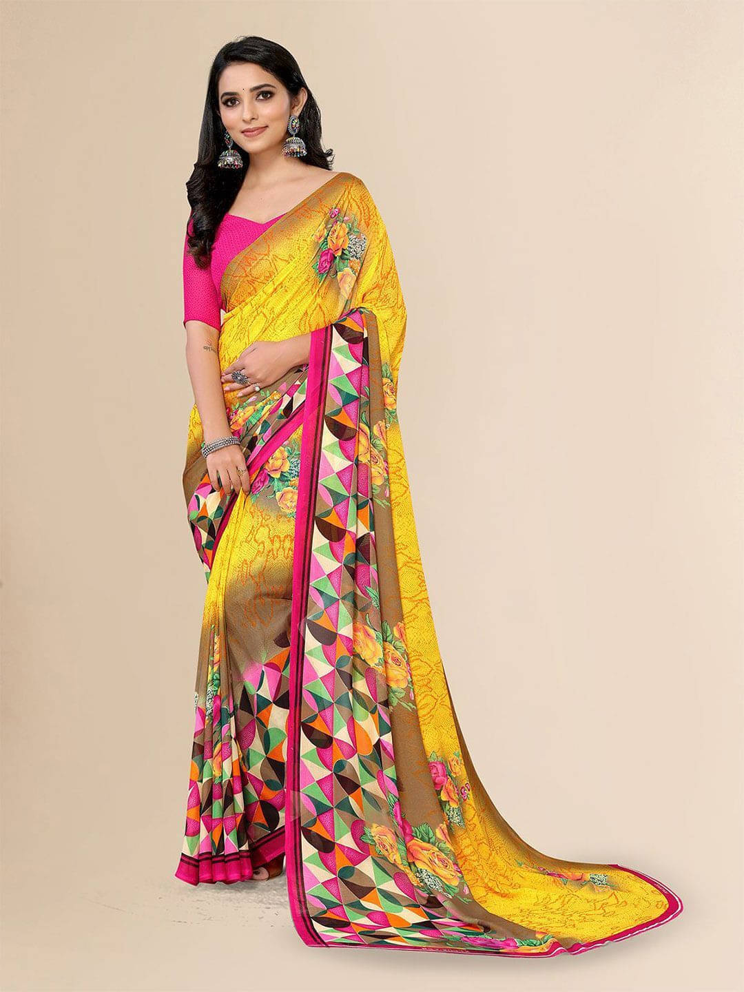     			ANAND SAREES Georgette Printed Saree With Unstitched Blouse Piece ( Yellow )