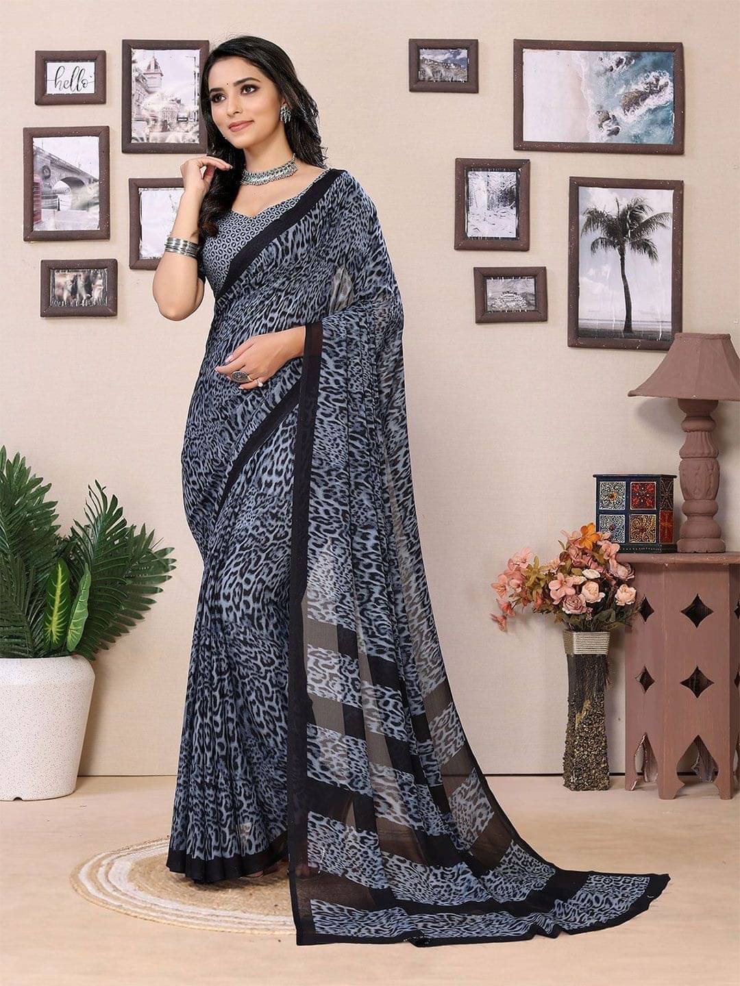 ANAND SAREES Georgette Printed Saree With Unstitched Blouse Piece ( Grey )     			ANAND SAREES Georgette Printed Saree With Unstitched Blouse Piece ( Grey )