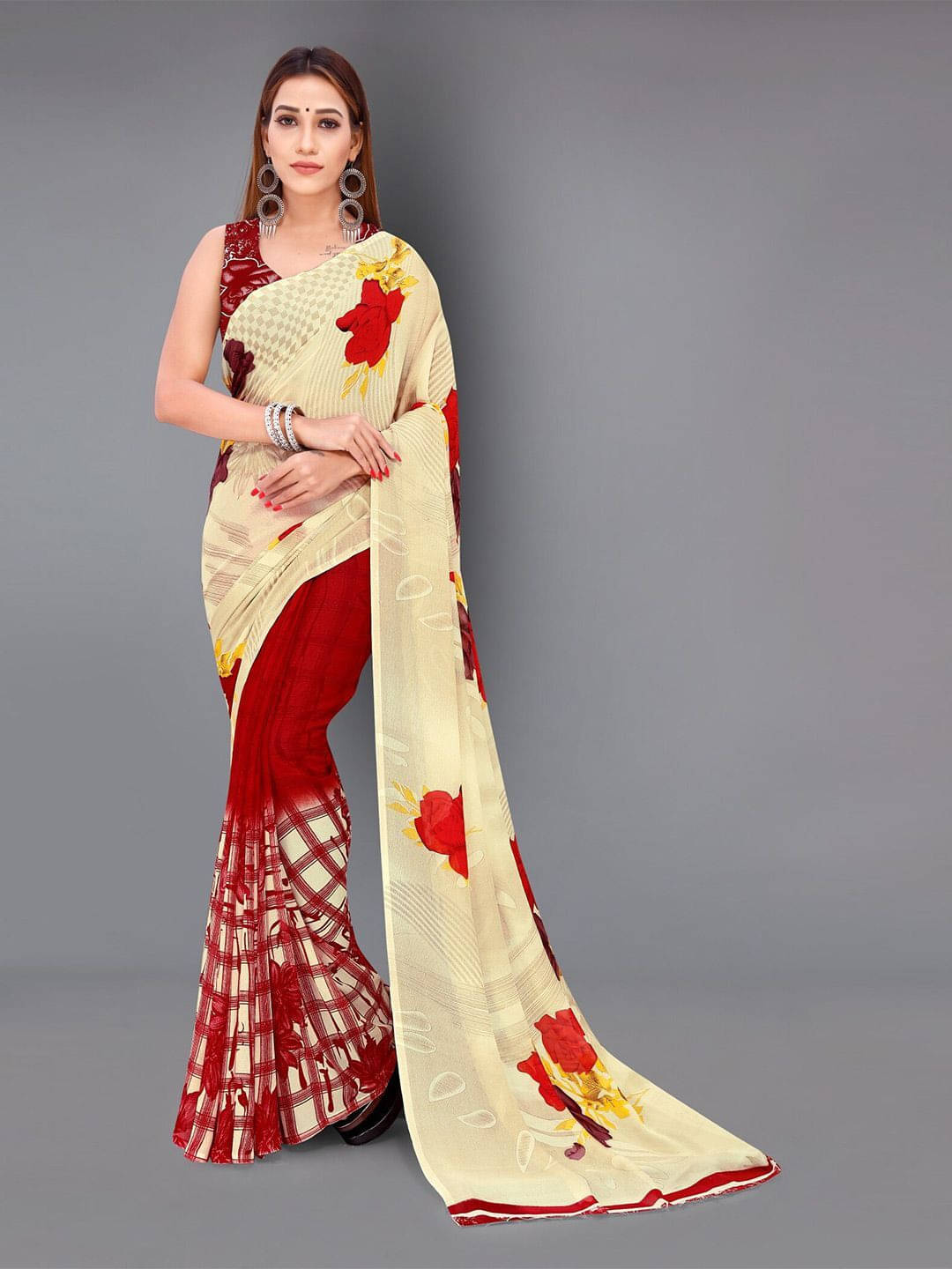 ANAND SAREES Georgette Printed Saree With Unstitched Blouse Piece ( Red ) ANAND SAREES Georgette Printed Saree With Unstitched Blouse Piece ( Red )