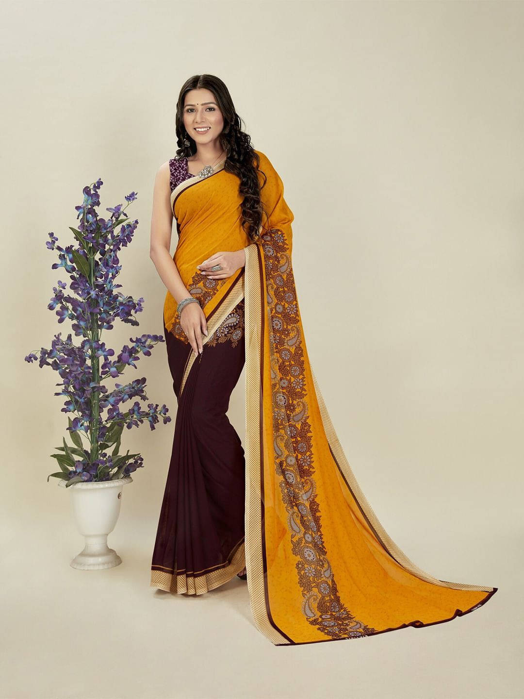 ANAND SAREES Georgette Printed Saree With Unstitched Blouse Piece ( Yellow ) ANAND SAREES Georgette Printed Saree With Unstitched Blouse Piece ( Yellow )