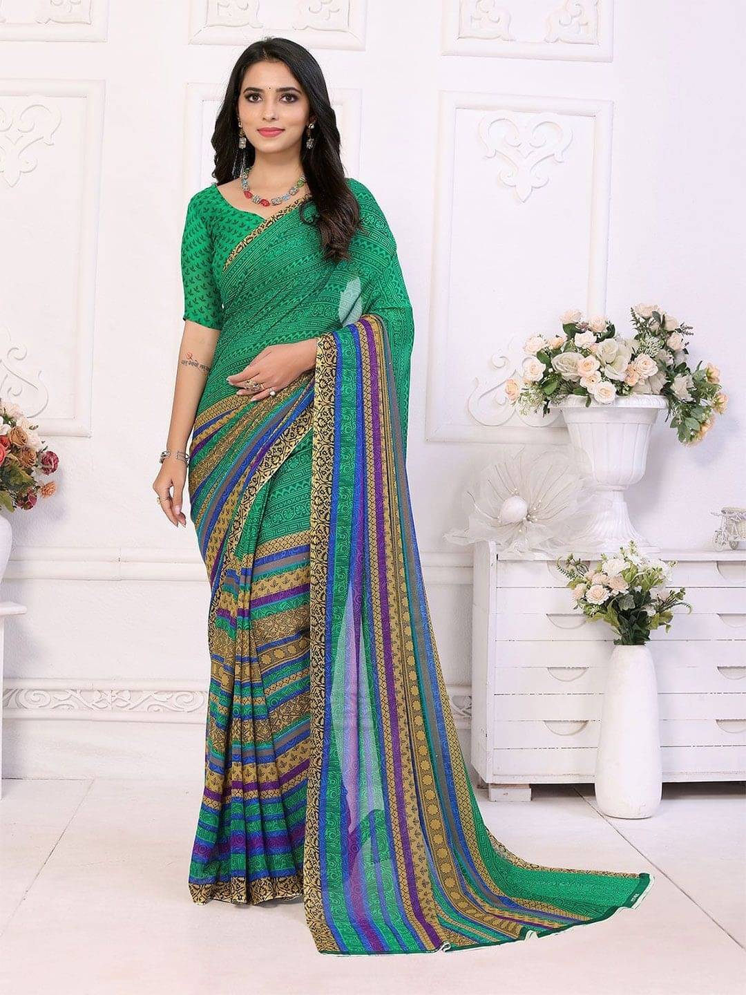     			ANAND SAREES Georgette Printed Saree With Unstitched Blouse Piece ( Green )