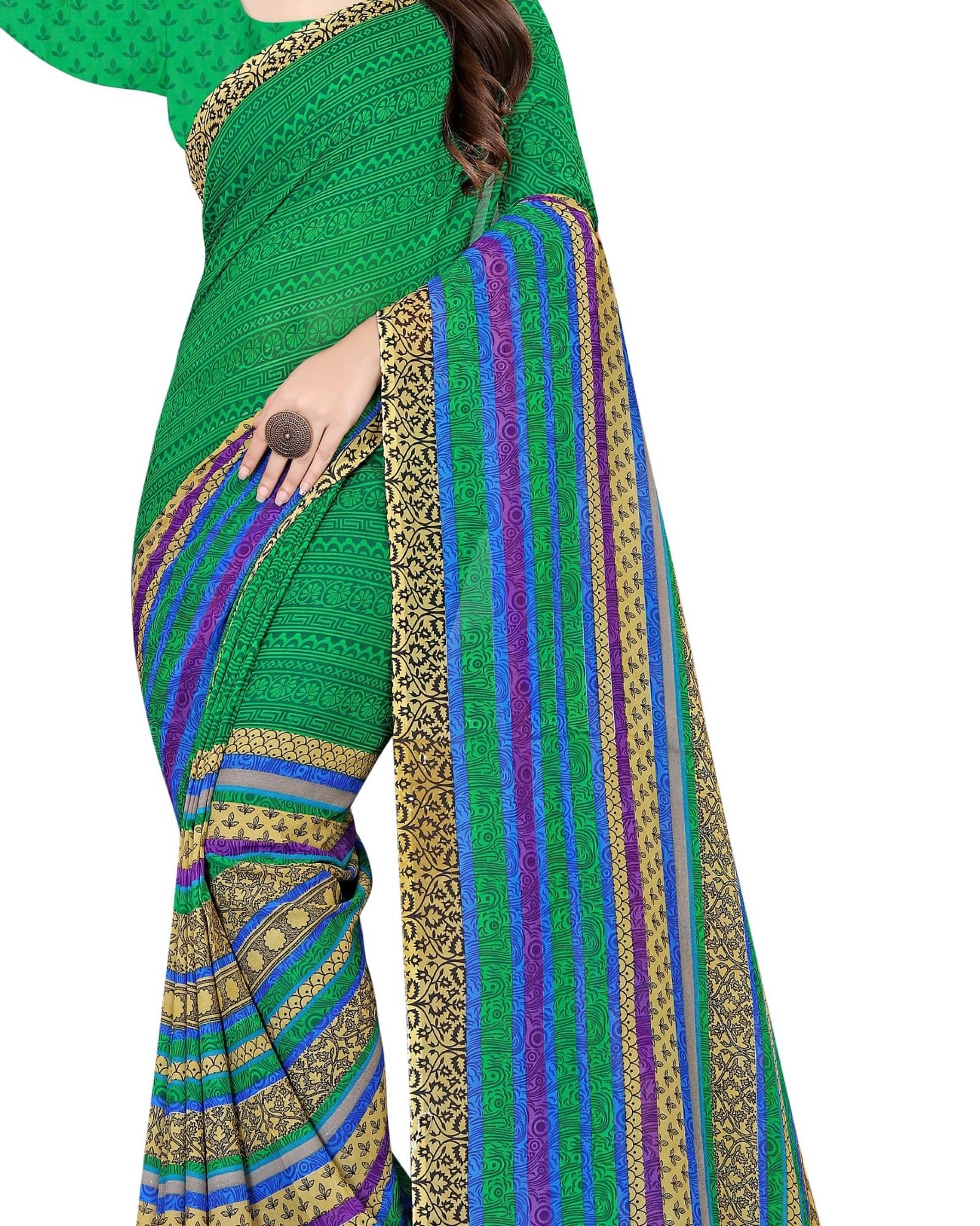 ANAND SAREES Georgette Printed Saree With Unstitched Blouse Piece ( Green ) ANAND SAREES Georgette Printed Saree With Unstitched Blouse Piece ( Green )