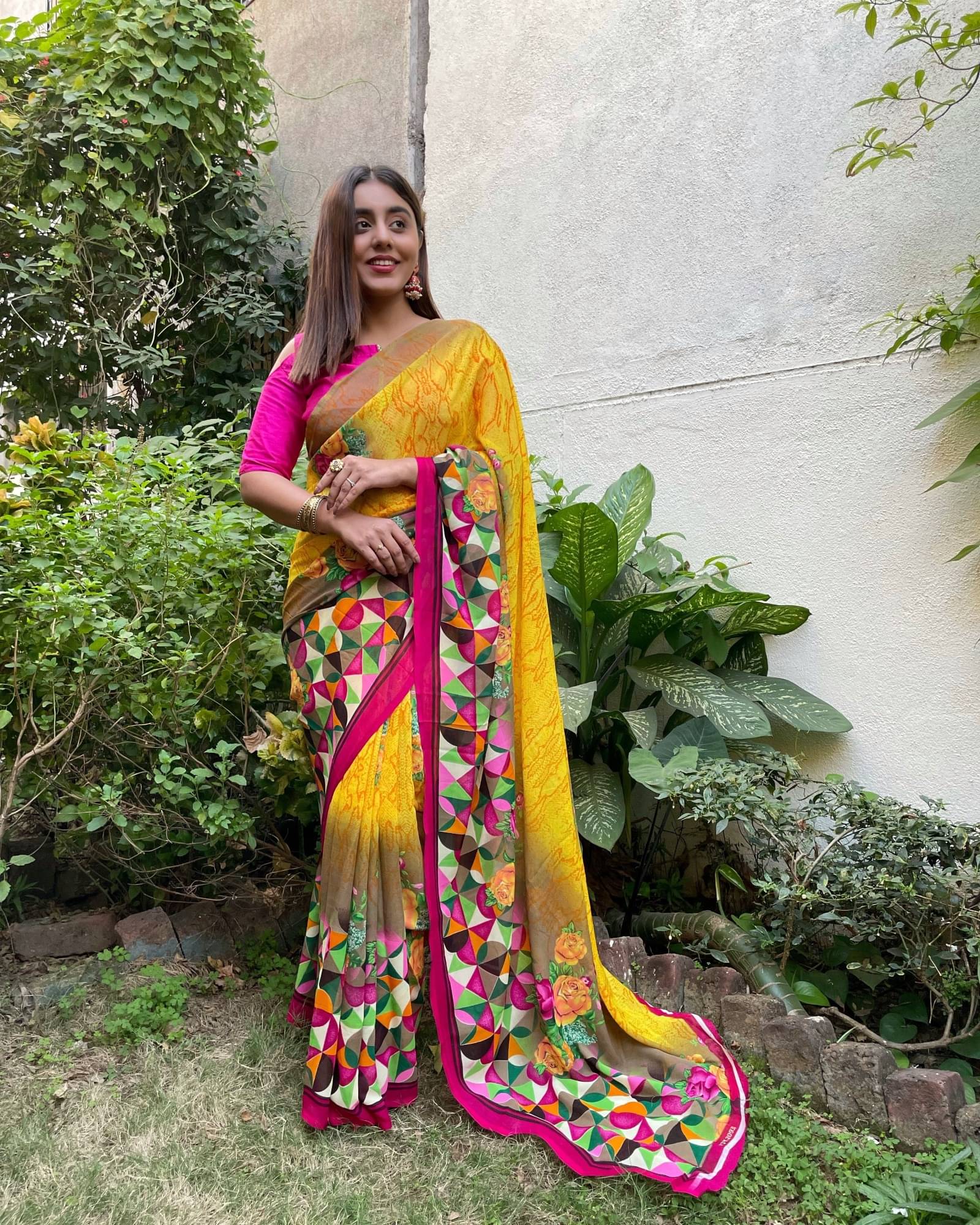     			ANAND SAREES Georgette Printed Saree With Unstitched Blouse Piece ( Yellow )