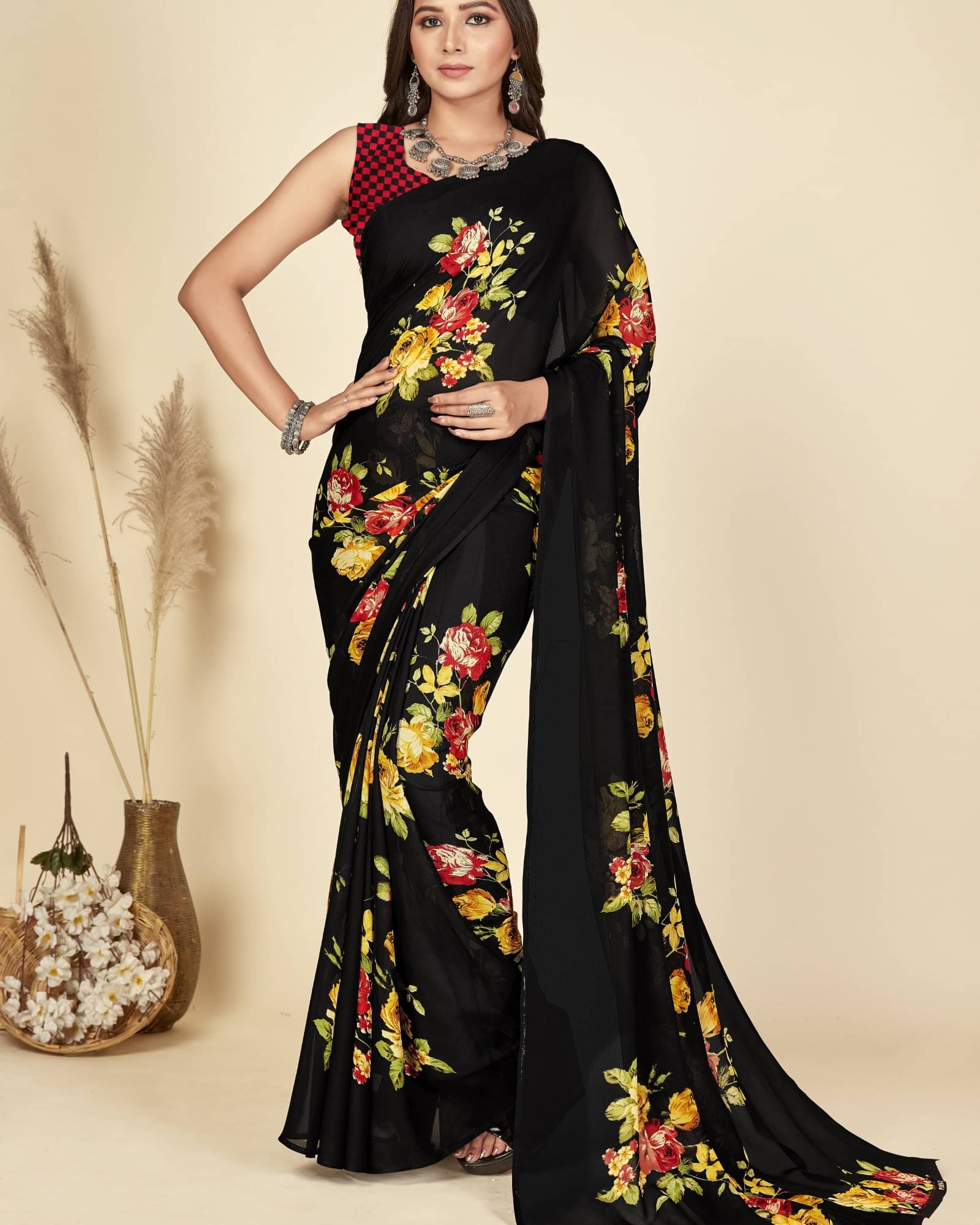 ANAND SAREES Georgette Printed Saree With Unstitched Blouse Piece ( Black ) ANAND SAREES Georgette Printed Saree With Unstitched Blouse Piece ( Black )