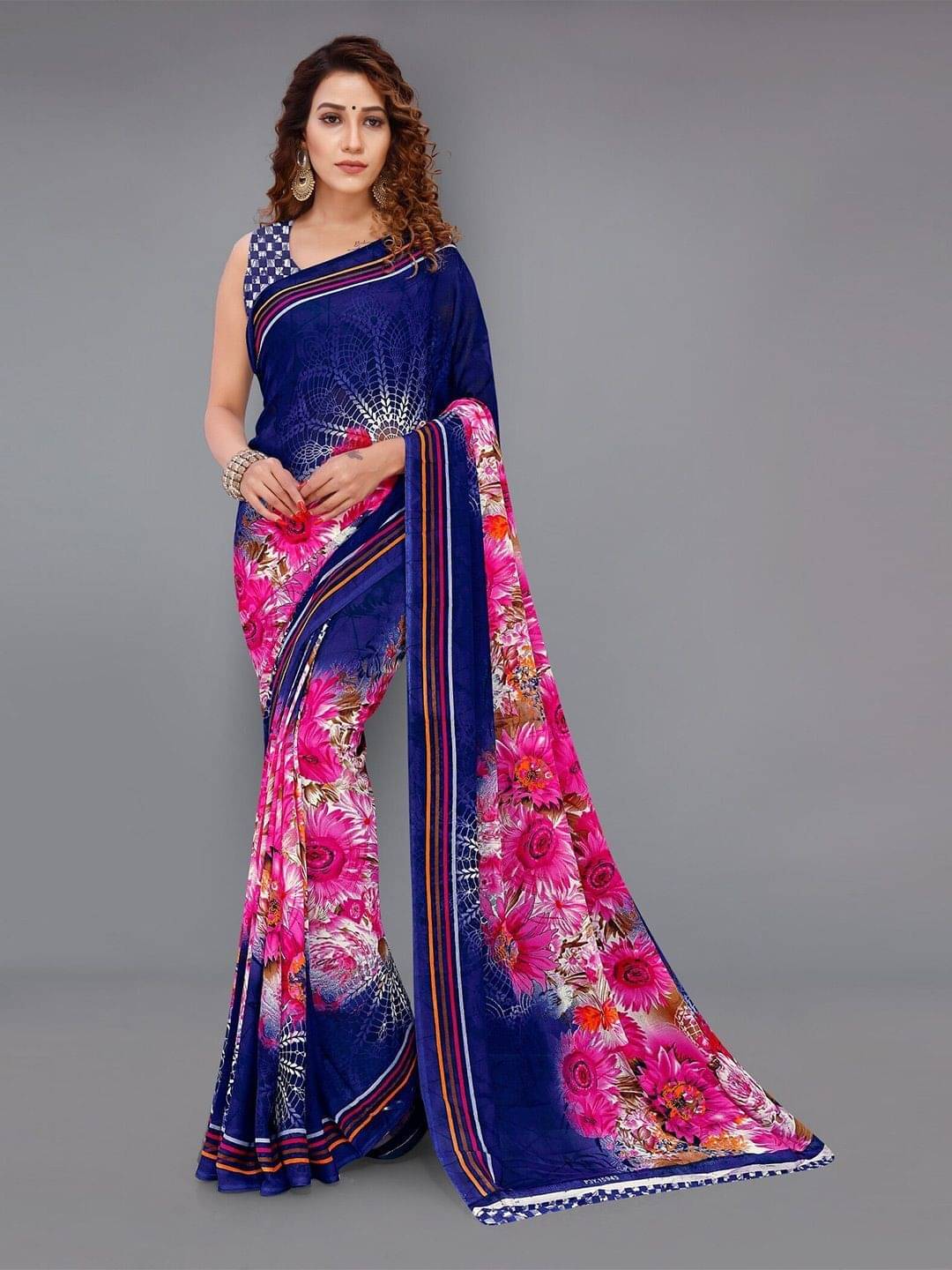ANAND SAREES Georgette Printed Saree With Unstitched Blouse Piece ( Blue ) ANAND SAREES Georgette Printed Saree With Unstitched Blouse Piece ( Blue )