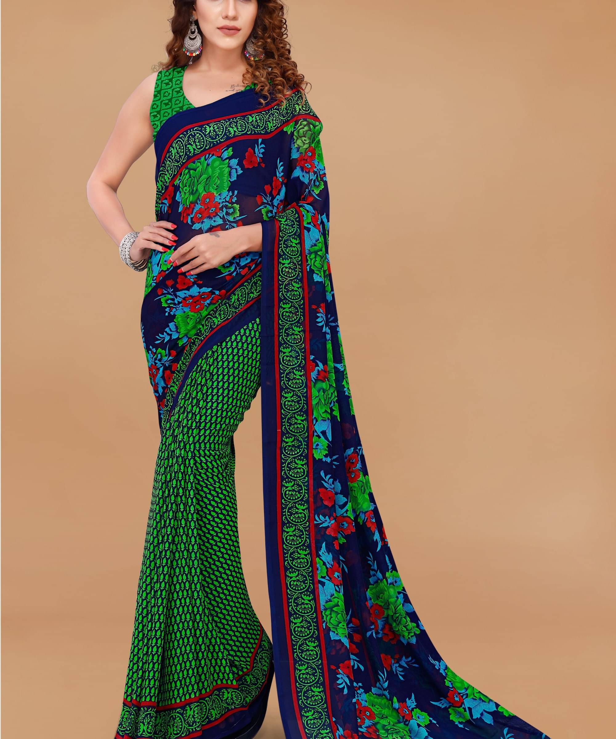 ANAND SAREES Georgette Printed Saree With Unstitched Blouse Piece ( Navy Blue ) ANAND SAREES Georgette Printed Saree With Unstitched Blouse Piece ( Navy Blue )