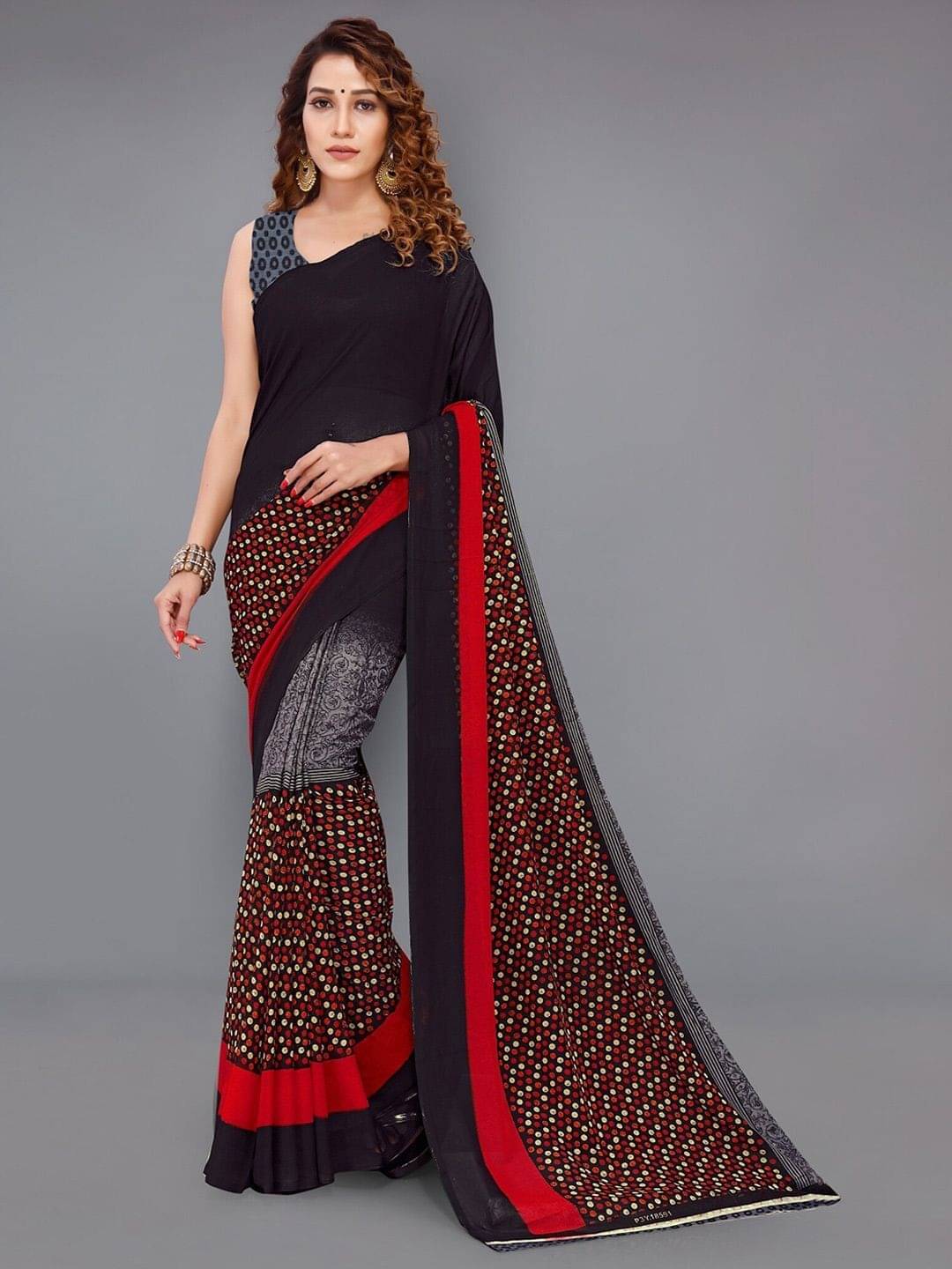 ANAND SAREES Georgette Printed Saree With Unstitched Blouse Piece ( Black ) ANAND SAREES Georgette Printed Saree With Unstitched Blouse Piece ( Black )