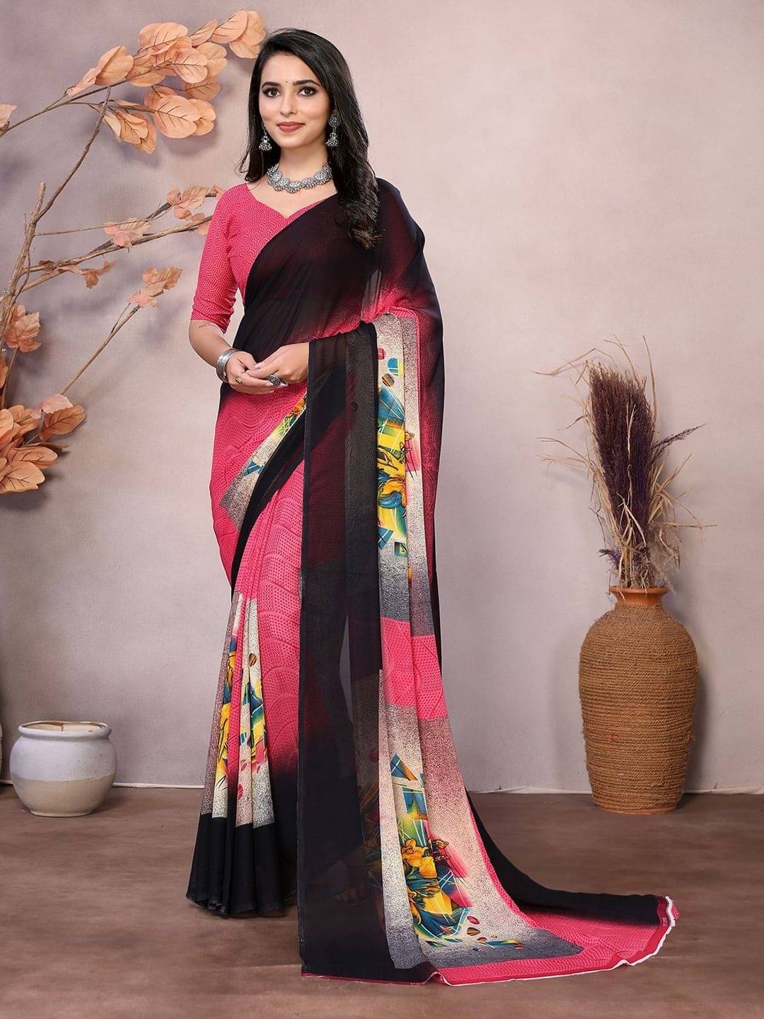 ANAND SAREES Georgette Printed Saree With Unstitched Blouse Piece ( Pink ) ANAND SAREES Georgette Printed Saree With Unstitched Blouse Piece ( Pink )