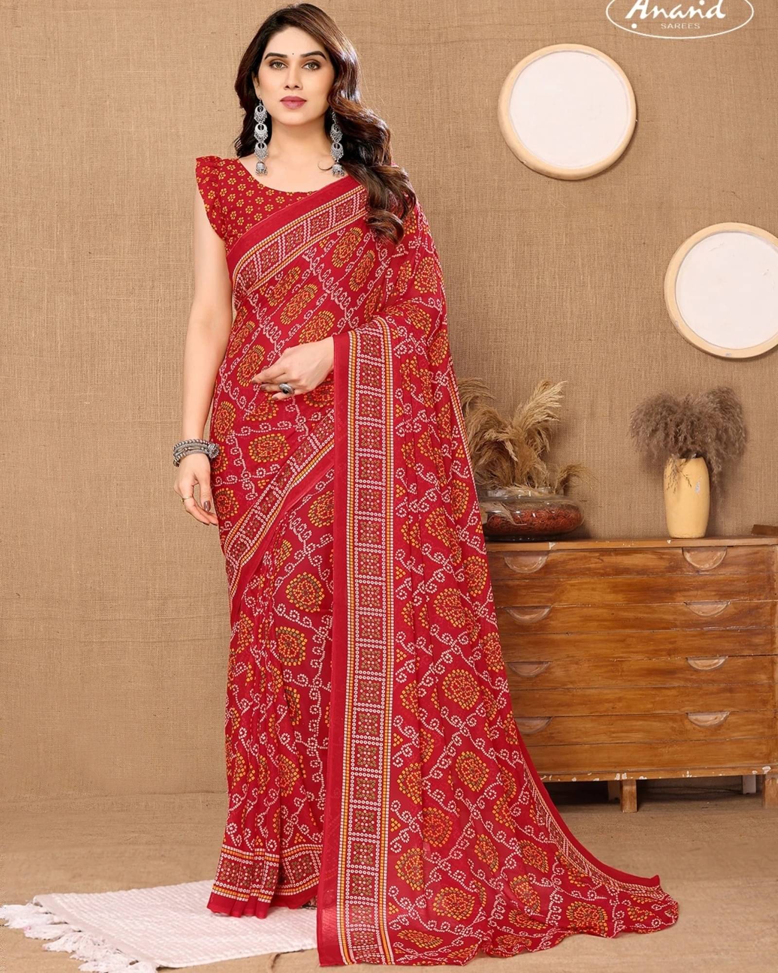 ANAND SAREES Georgette Printed Saree With Unstitched Blouse Piece ( Red ) ANAND SAREES Georgette Printed Saree With Unstitched Blouse Piece ( Red )