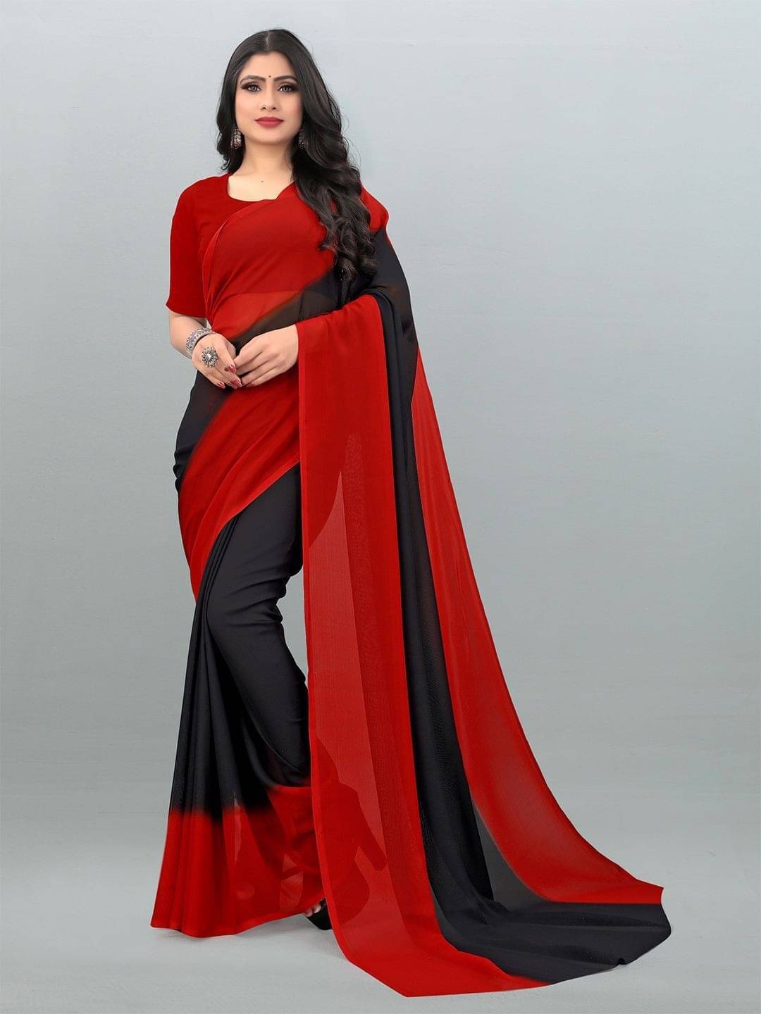 ANAND SAREES Georgette Printed Saree With Unstitched Blouse Piece ( Red ) ANAND SAREES Georgette Printed Saree With Unstitched Blouse Piece ( Red )