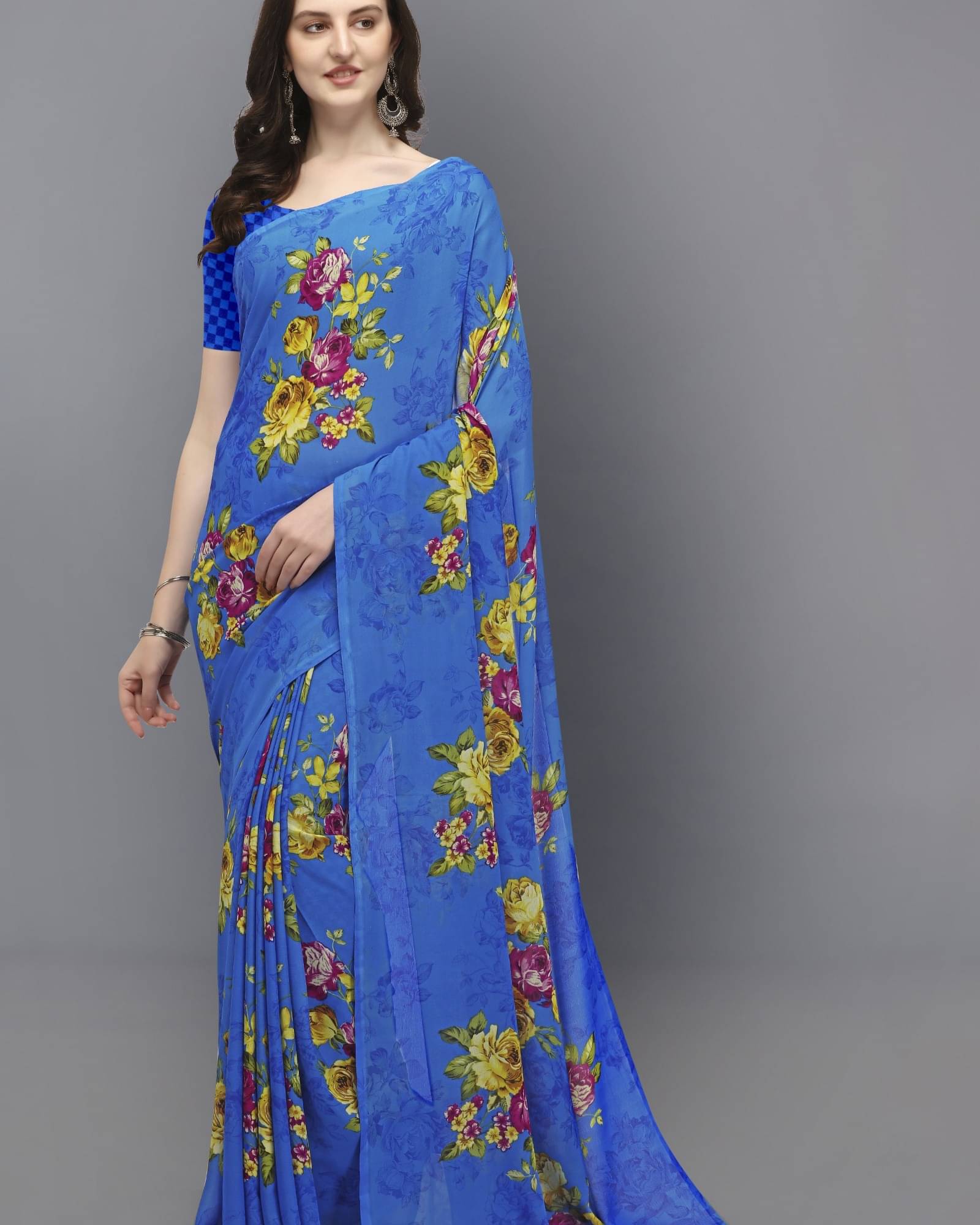 ANAND SAREES Georgette Printed Saree With Unstitched Blouse Piece ( Blue ) ANAND SAREES Georgette Printed Saree With Unstitched Blouse Piece ( Blue )