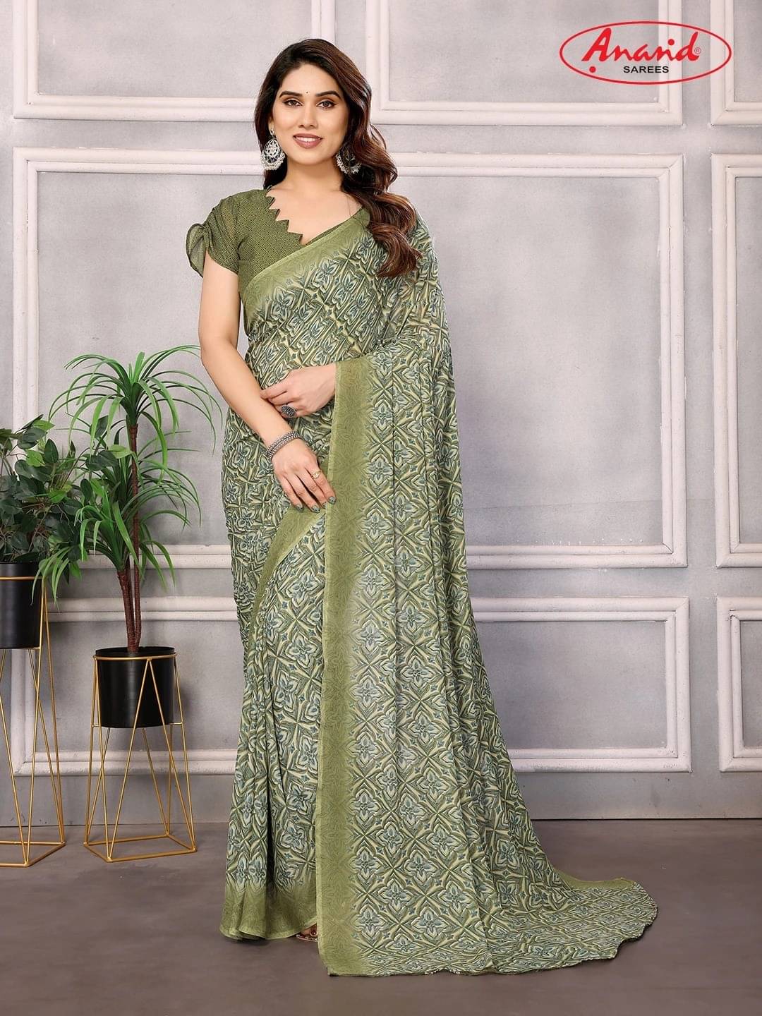 ANAND SAREES Georgette Printed Saree With Unstitched Blouse Piece ( Green ) ANAND SAREES Georgette Printed Saree With Unstitched Blouse Piece ( Green )