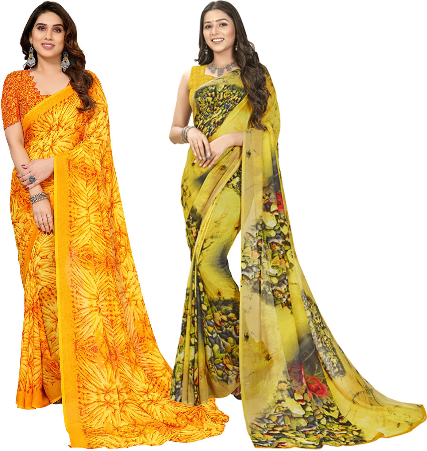     			ANAND SAREES Georgette Printed Saree With Unstitched Blouse Piece ( Yellow )