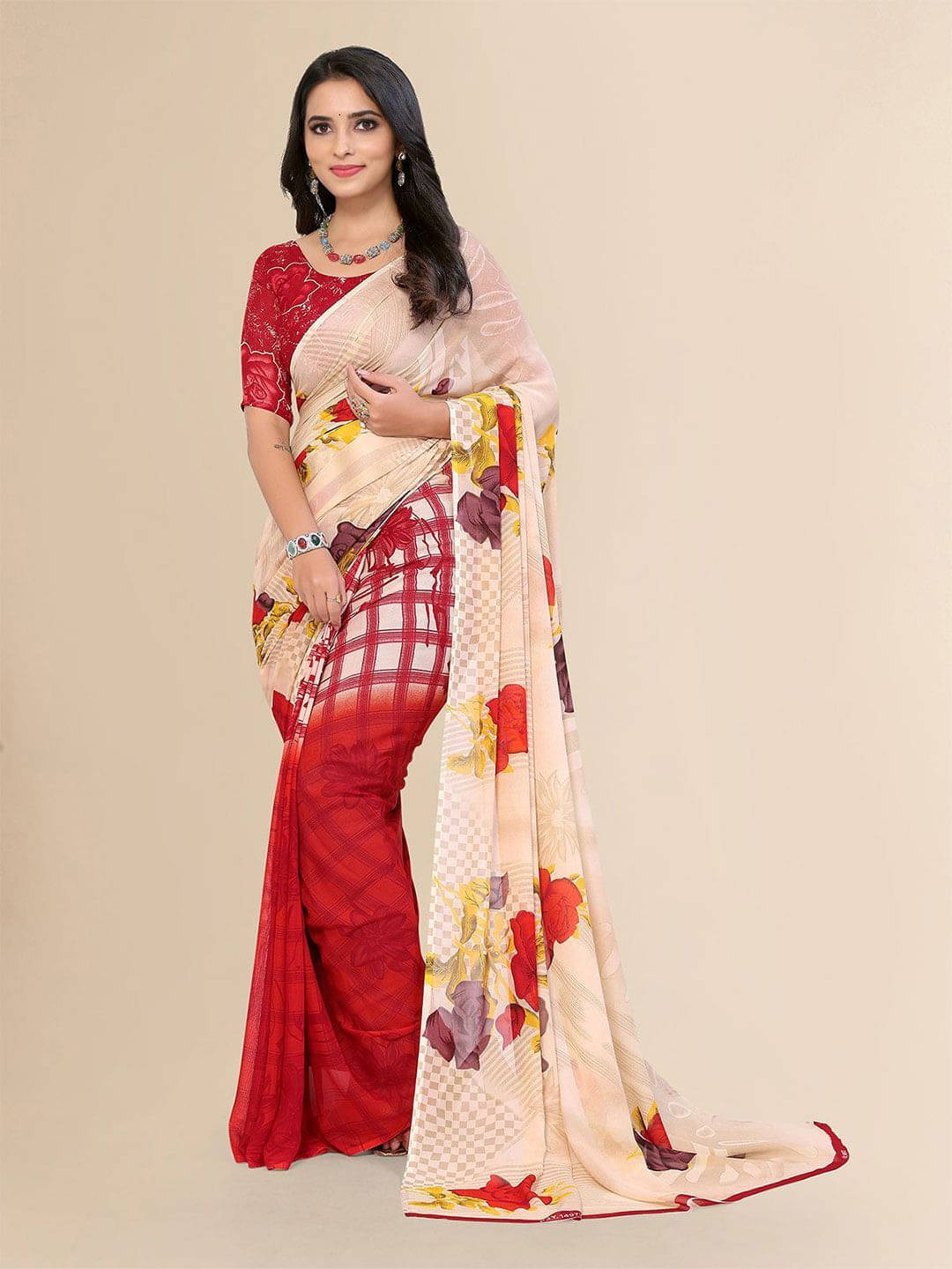 ANAND SAREES Georgette Printed Saree With Unstitched Blouse Piece ( Red ) ANAND SAREES Georgette Printed Saree With Unstitched Blouse Piece ( Red )