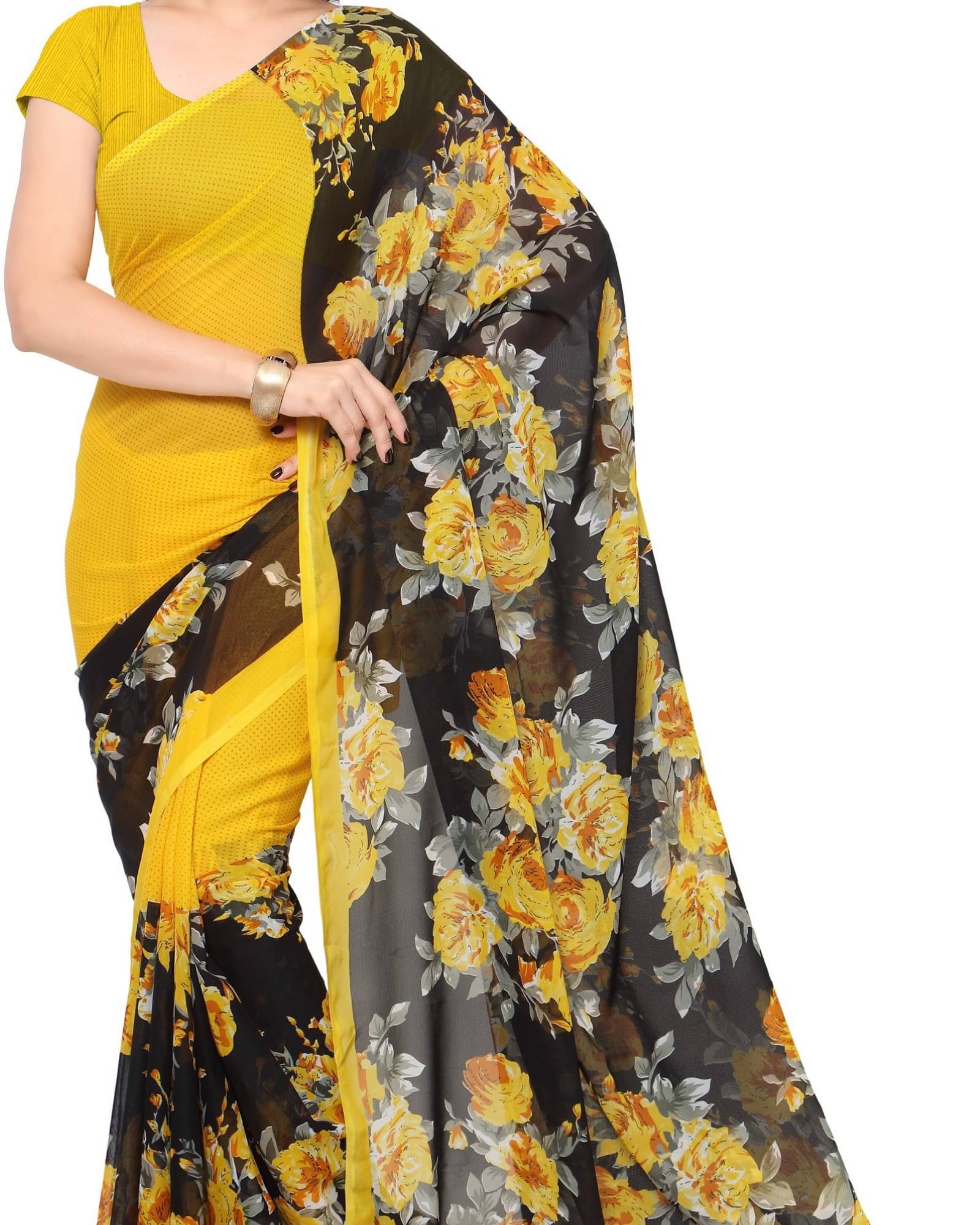 ANAND SAREES Georgette Printed Saree With Unstitched Blouse Piece ( Yellow ) ANAND SAREES Georgette Printed Saree With Unstitched Blouse Piece ( Yellow )
