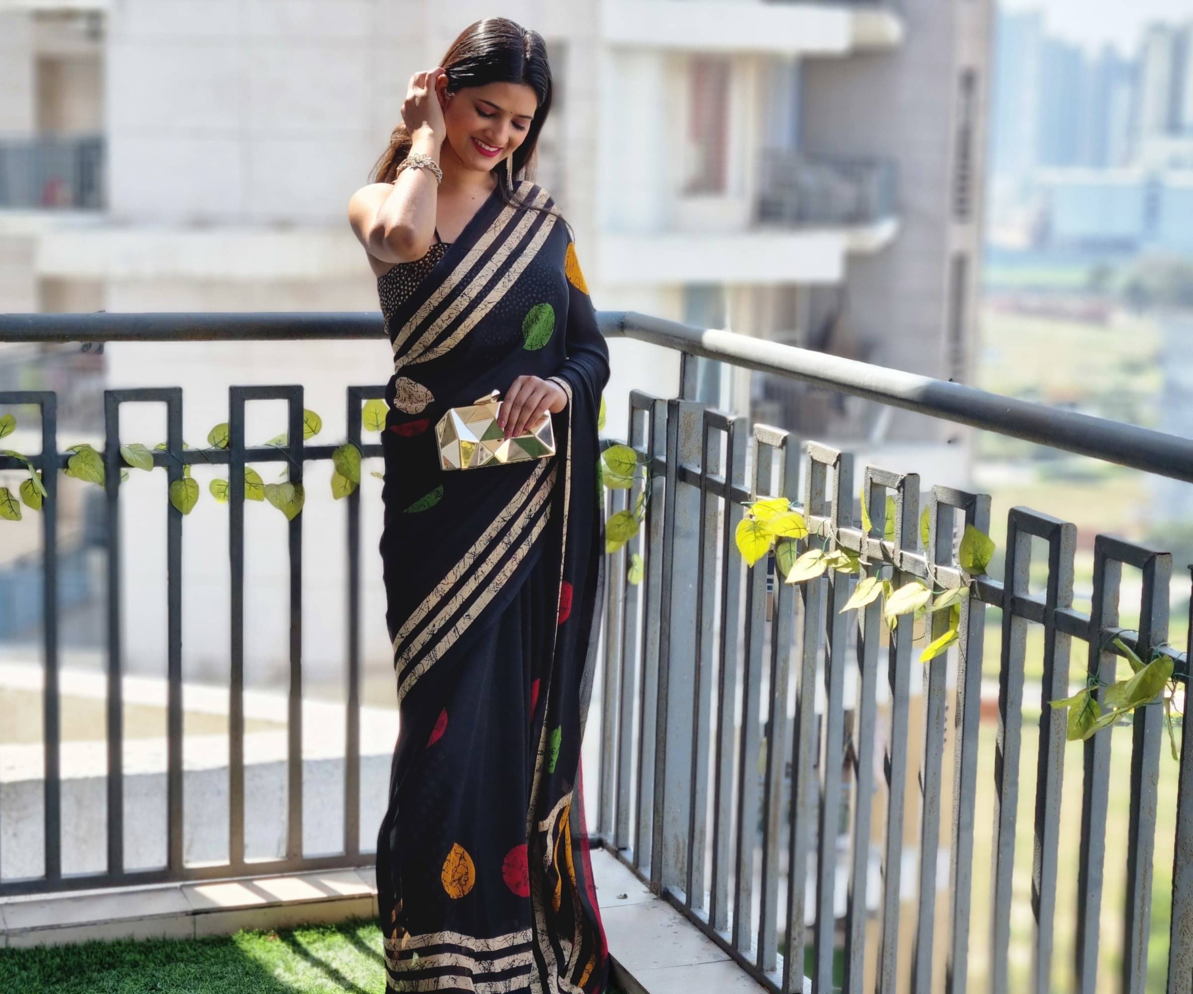     			ANAND SAREES Georgette Printed Saree With Unstitched Blouse Piece ( Navy Blue )
