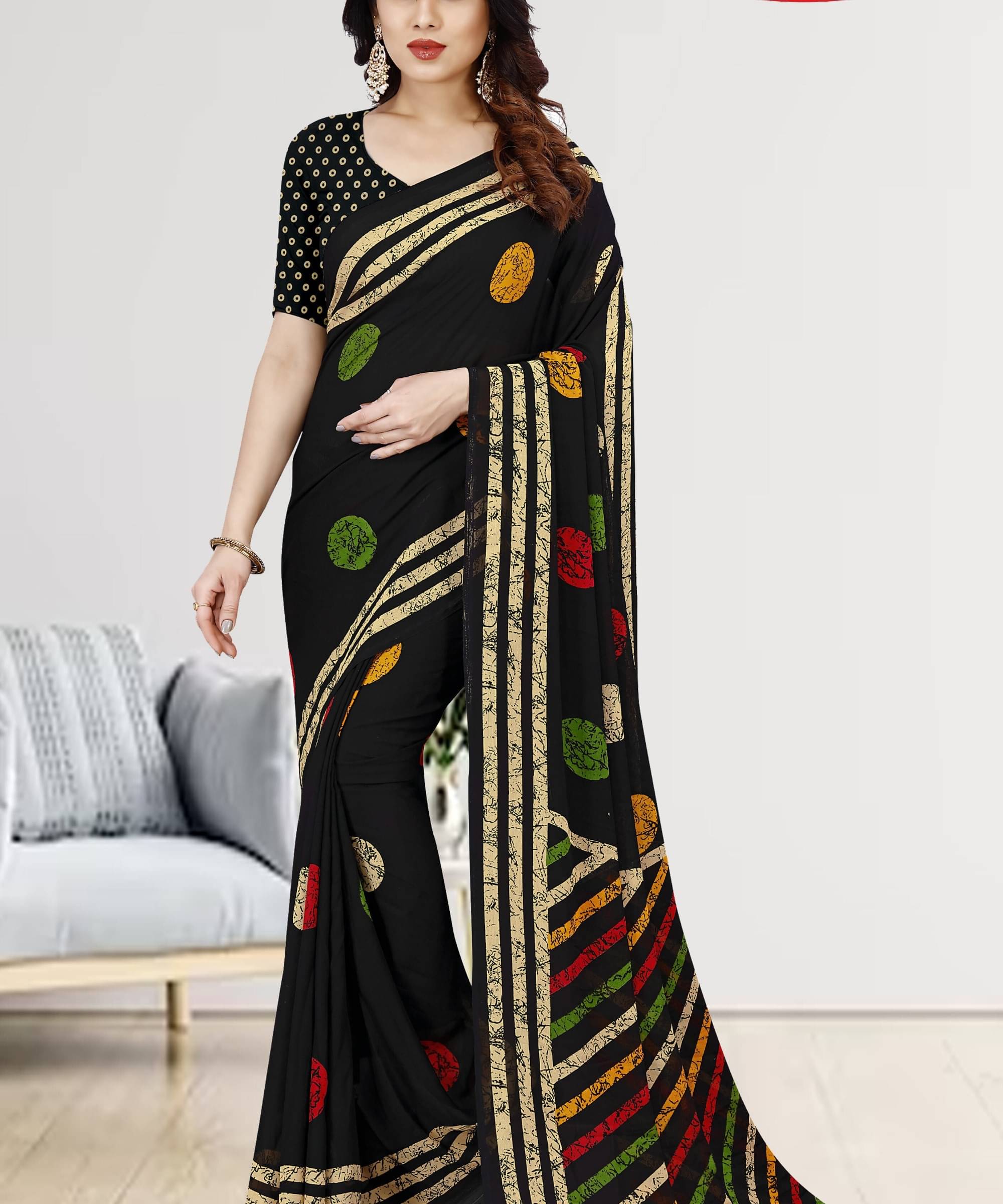 ANAND SAREES Georgette Printed Saree With Unstitched Blouse Piece ( Black )     			ANAND SAREES Georgette Printed Saree With Unstitched Blouse Piece ( Black )