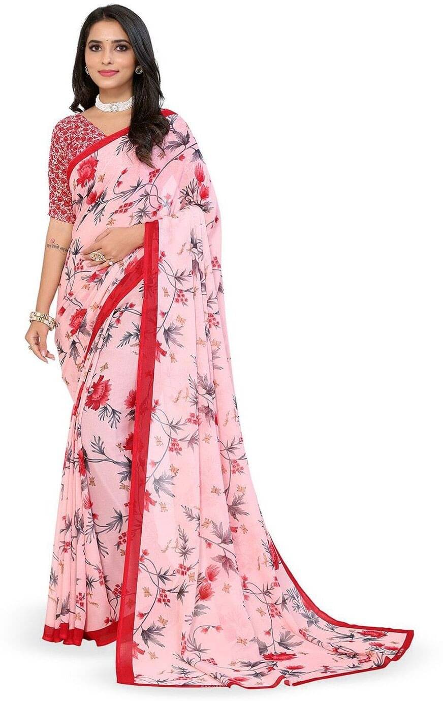 ANAND SAREES Georgette Printed Saree With Unstitched Blouse Piece ( Pink ) ANAND SAREES Georgette Printed Saree With Unstitched Blouse Piece ( Pink )