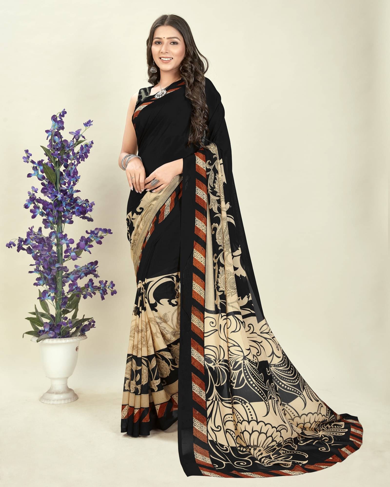 ANAND SAREES Georgette Printed Saree With Unstitched Blouse Piece ( Black ) ANAND SAREES Georgette Printed Saree With Unstitched Blouse Piece ( Black )