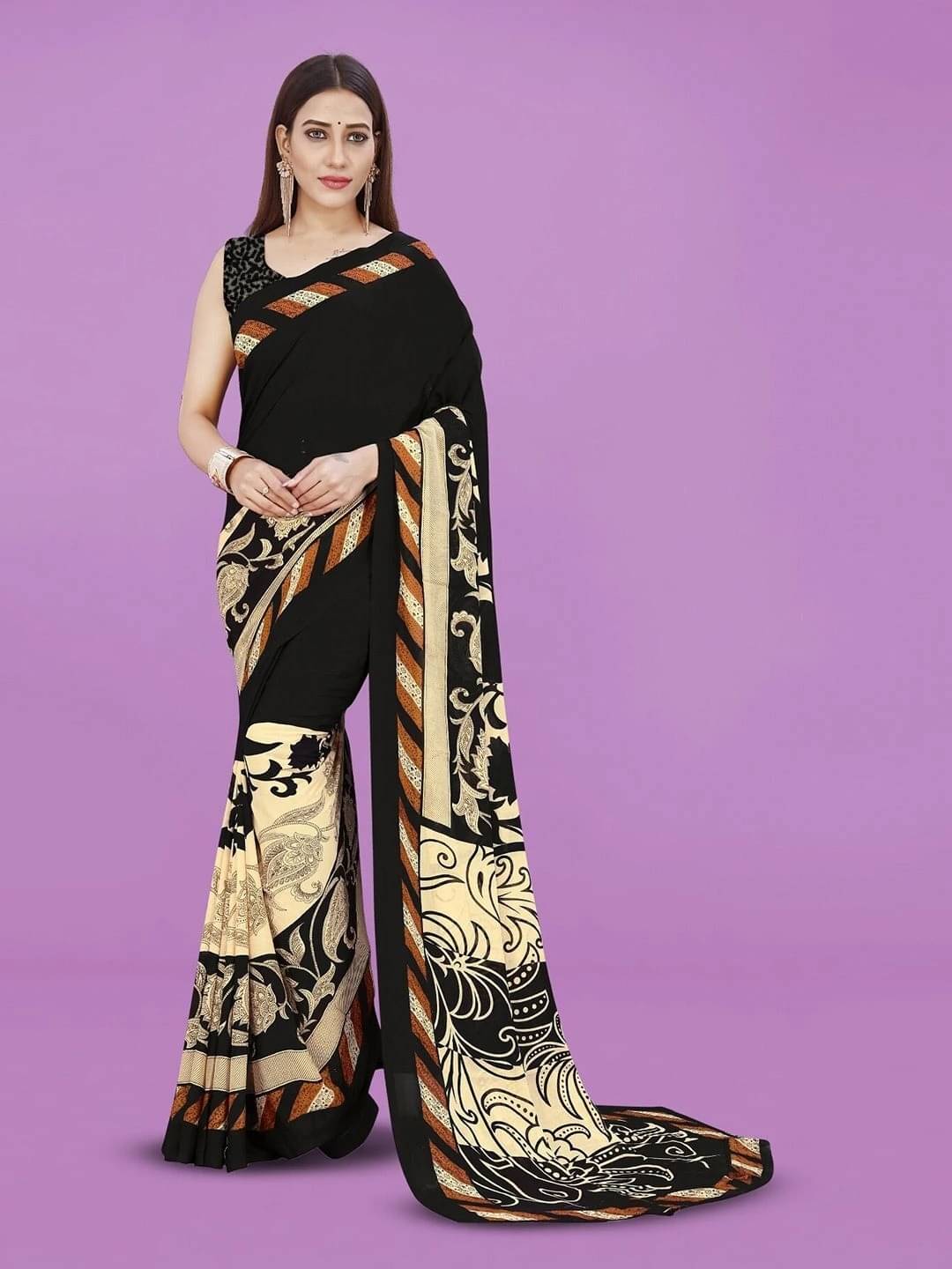 ANAND SAREES Georgette Printed Saree With Unstitched Blouse Piece ( Black ) ANAND SAREES Georgette Printed Saree With Unstitched Blouse Piece ( Black )