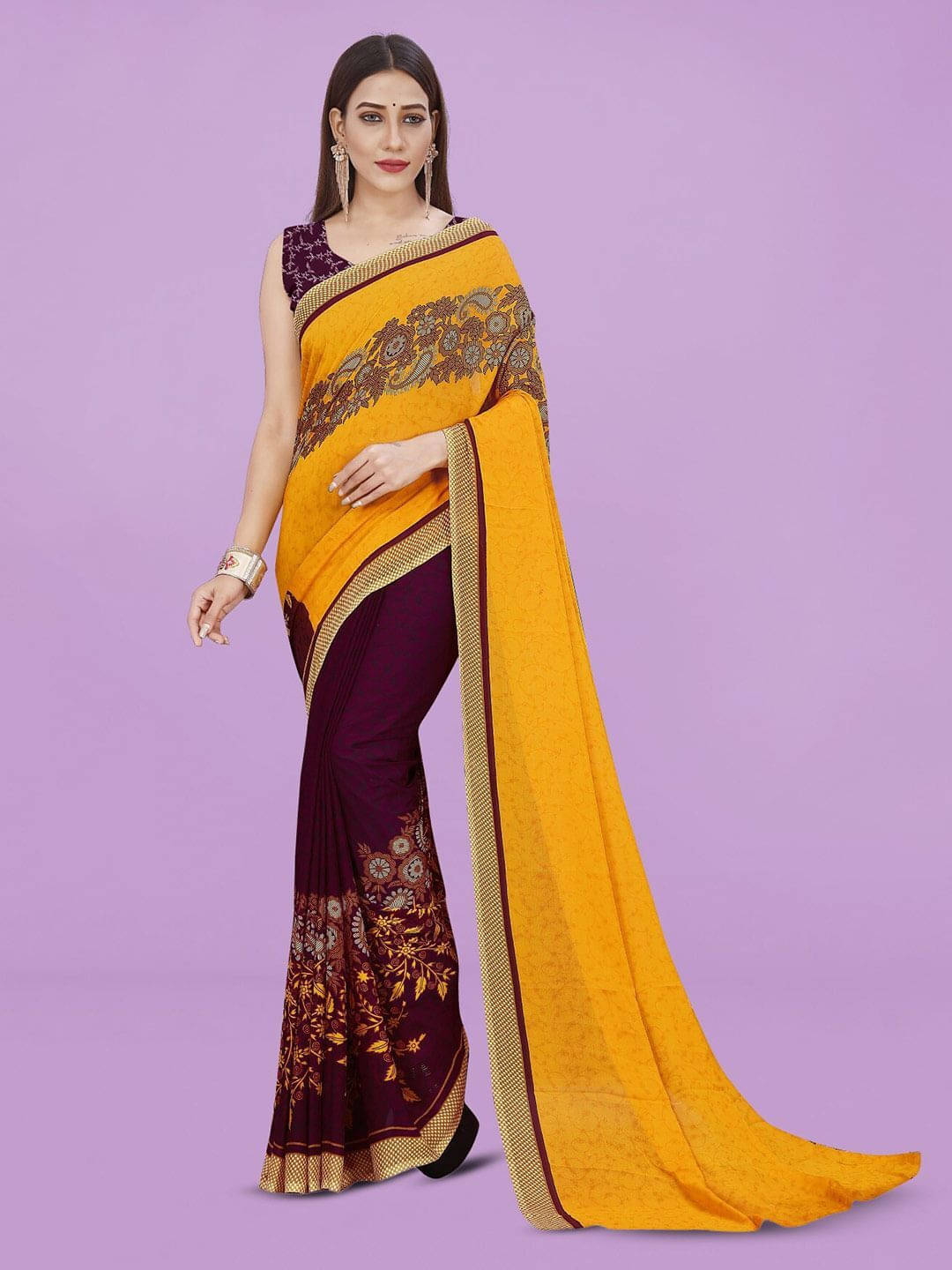     			ANAND SAREES Georgette Printed Saree With Unstitched Blouse Piece ( Yellow )