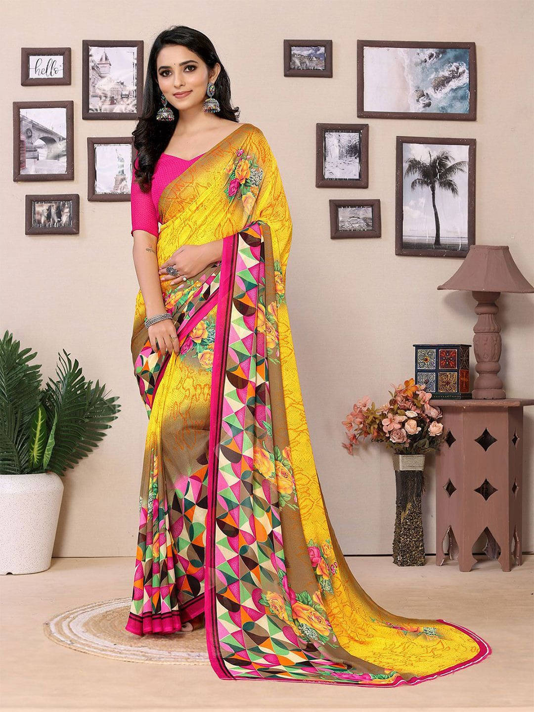ANAND SAREES Georgette Printed Saree With Unstitched Blouse Piece ( Yellow ) ANAND SAREES Georgette Printed Saree With Unstitched Blouse Piece ( Yellow )