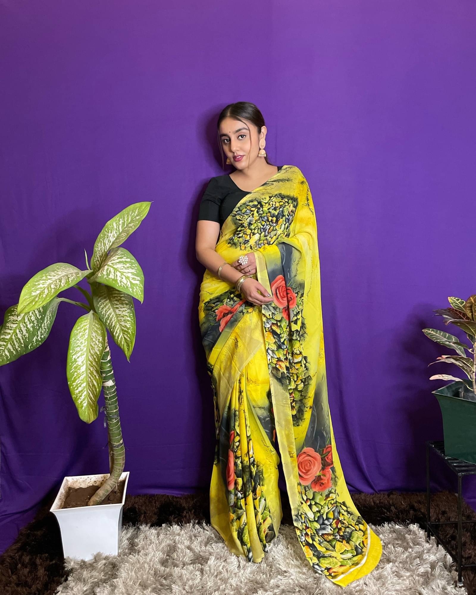 ANAND SAREES Georgette Printed Saree With Unstitched Blouse Piece ( Yellow ) ANAND SAREES Georgette Printed Saree With Unstitched Blouse Piece ( Yellow )