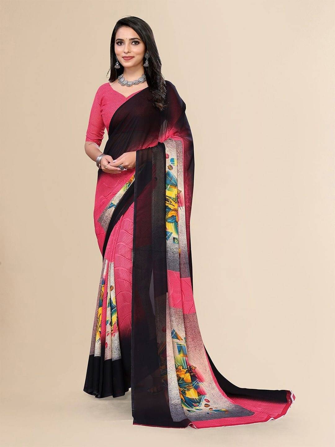     			ANAND SAREES Georgette Printed Saree With Unstitched Blouse Piece ( Pink )