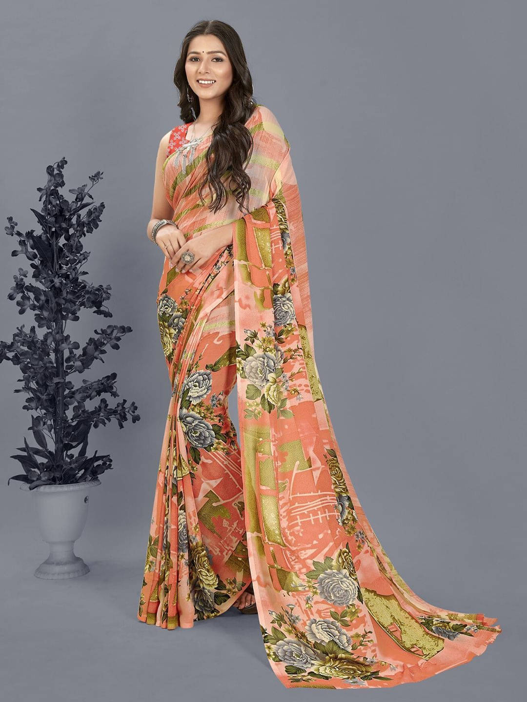 ANAND SAREES Georgette Printed Saree With Unstitched Blouse Piece ( Orange ) ANAND SAREES Georgette Printed Saree With Unstitched Blouse Piece ( Orange )