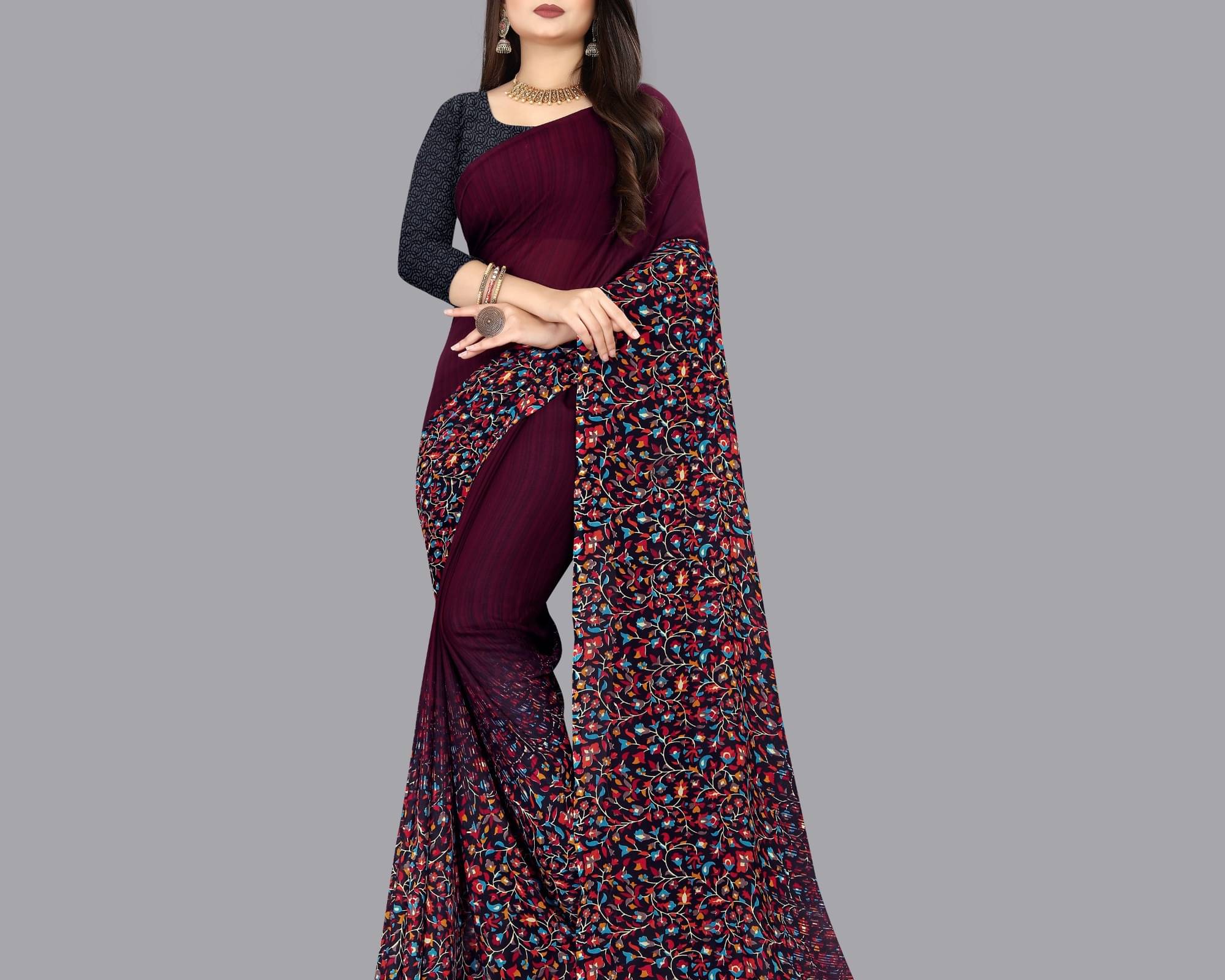     			ANAND SAREES Georgette Printed Saree With Unstitched Blouse Piece ( Purple )