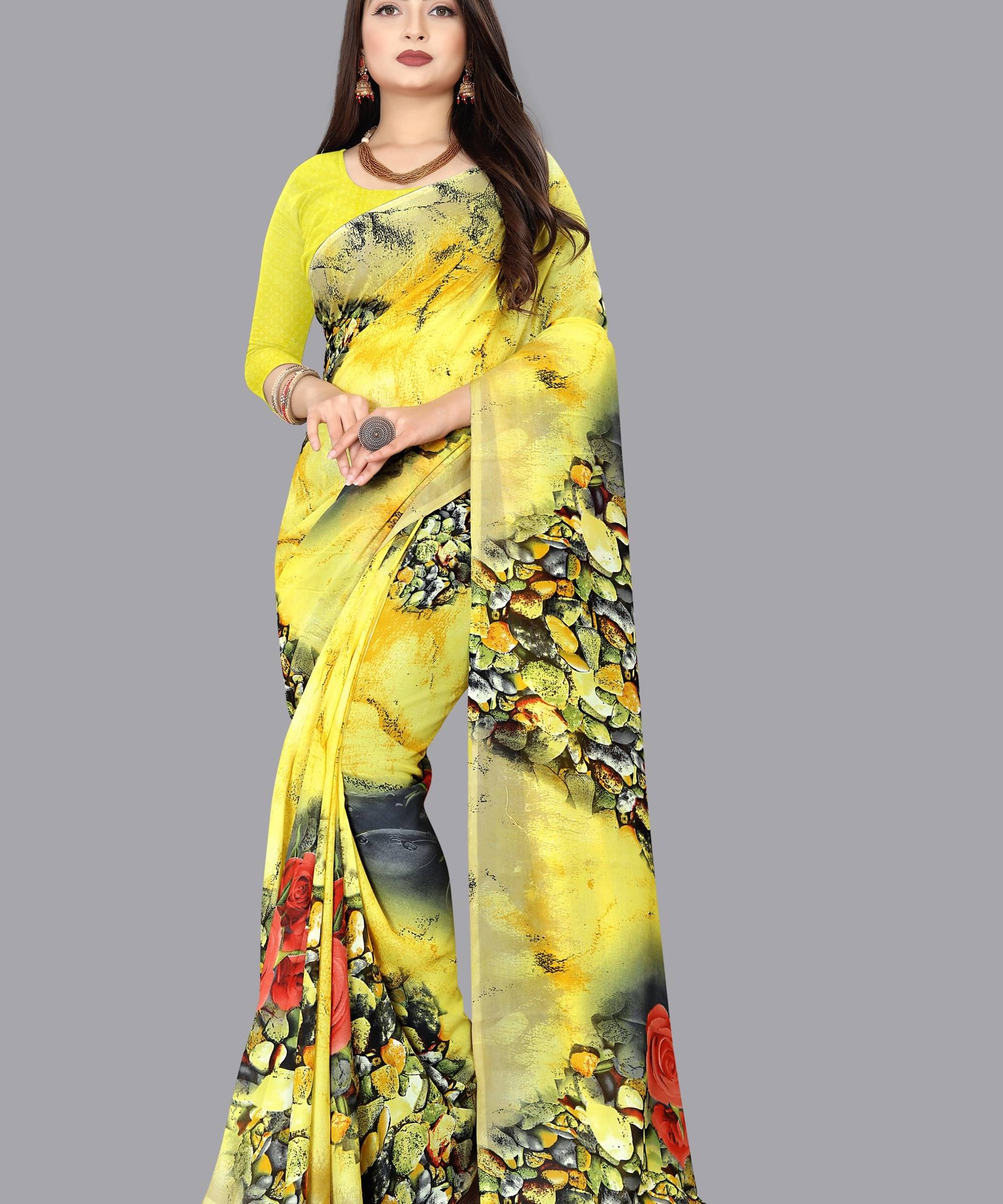 ANAND SAREES Georgette Printed Saree With Unstitched Blouse Piece ( Yellow ) ANAND SAREES Georgette Printed Saree With Unstitched Blouse Piece ( Yellow )