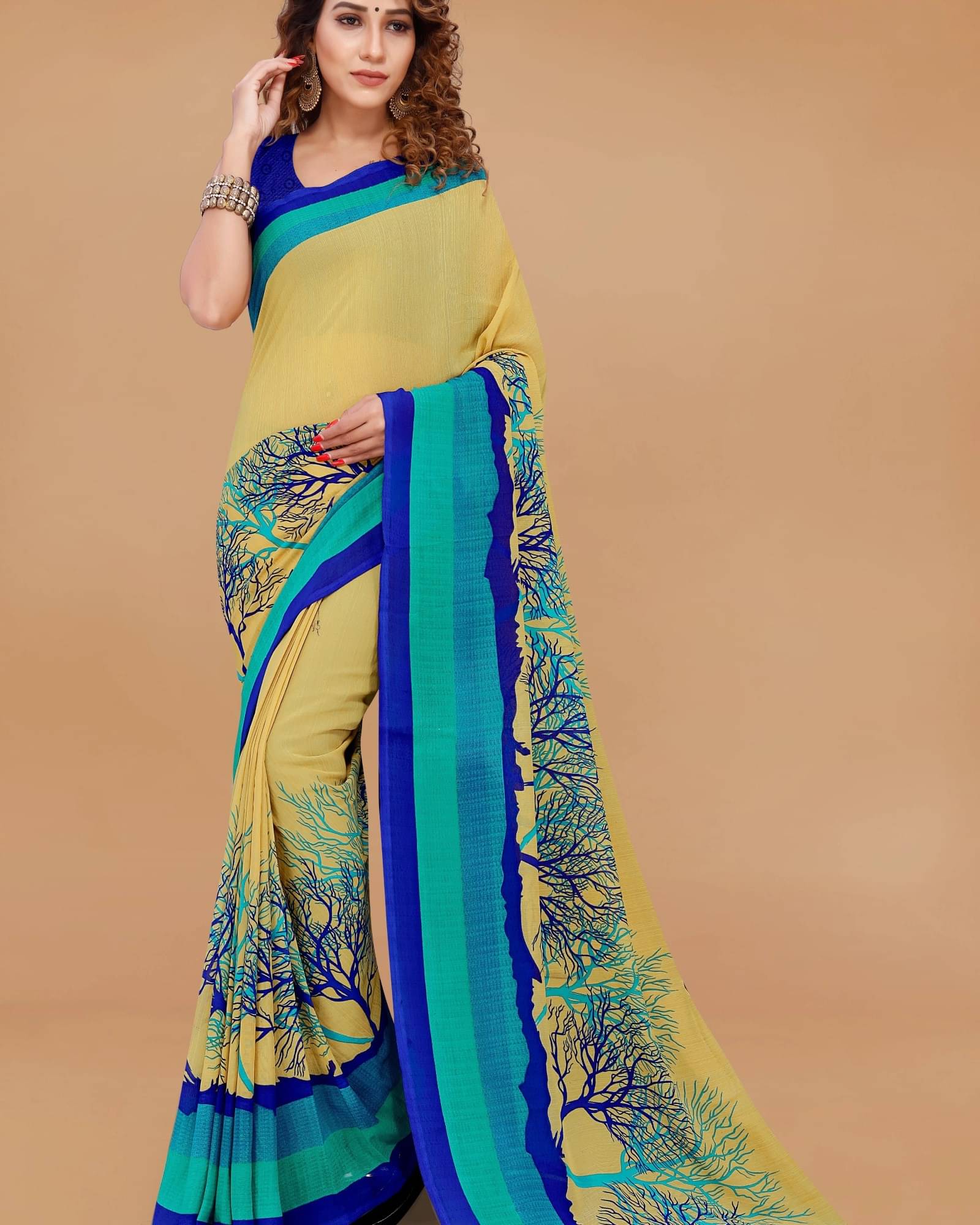 ANAND SAREES Georgette Printed Saree With Unstitched Blouse Piece ( Beige ) ANAND SAREES Georgette Printed Saree With Unstitched Blouse Piece ( Beige )