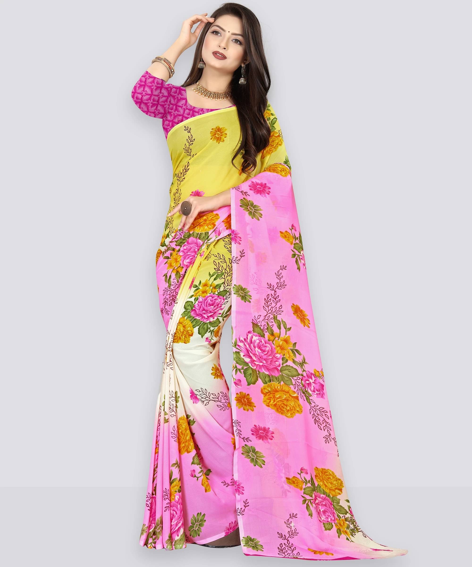 ANAND SAREES Georgette Printed Saree With Unstitched Blouse Piece ( Yellow )     			ANAND SAREES Georgette Printed Saree With Unstitched Blouse Piece ( Yellow )