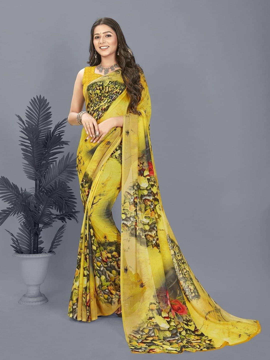     			ANAND SAREES Georgette Printed Saree With Unstitched Blouse Piece ( Yellow )
