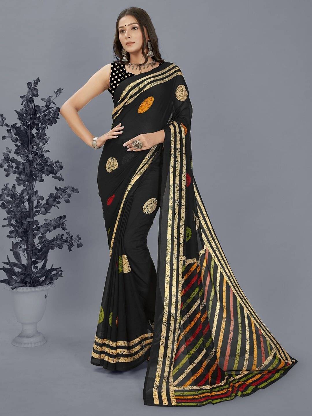 ANAND SAREES Georgette Printed Saree With Unstitched Blouse Piece ( Black ) ANAND SAREES Georgette Printed Saree With Unstitched Blouse Piece ( Black )