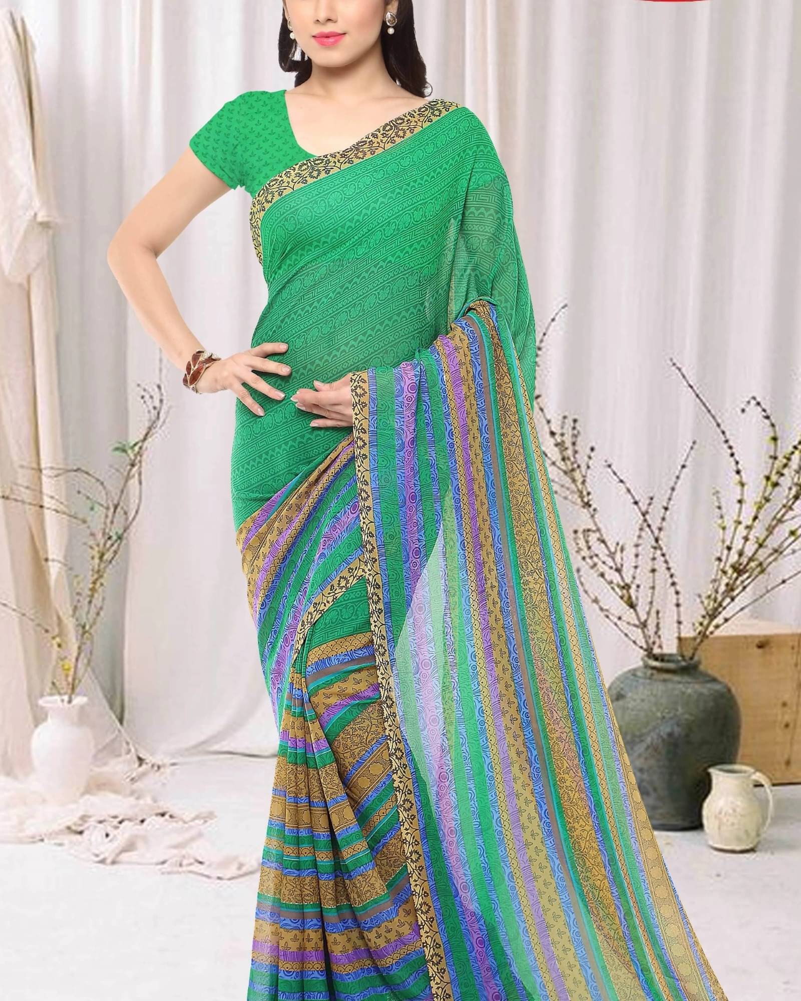 ANAND SAREES Georgette Printed Saree With Unstitched Blouse Piece ( Green ) ANAND SAREES Georgette Printed Saree With Unstitched Blouse Piece ( Green )