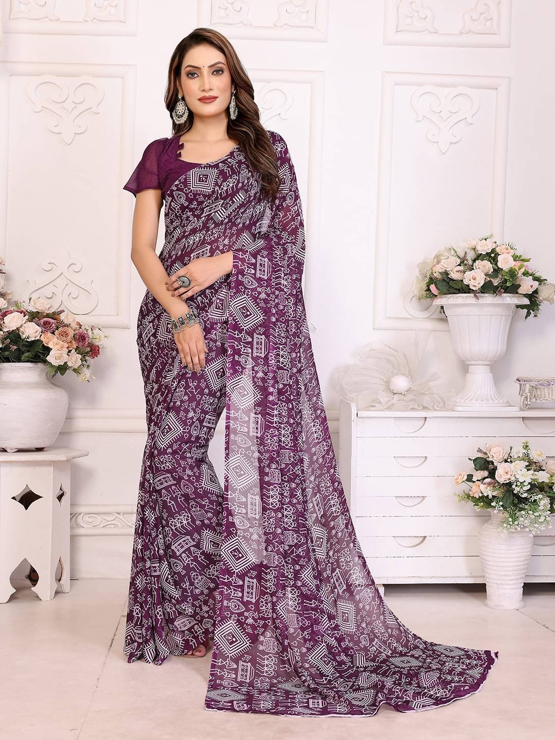 ANAND SAREES Georgette Printed Saree With Unstitched Blouse Piece ( Purple ) ANAND SAREES Georgette Printed Saree With Unstitched Blouse Piece ( Purple )
