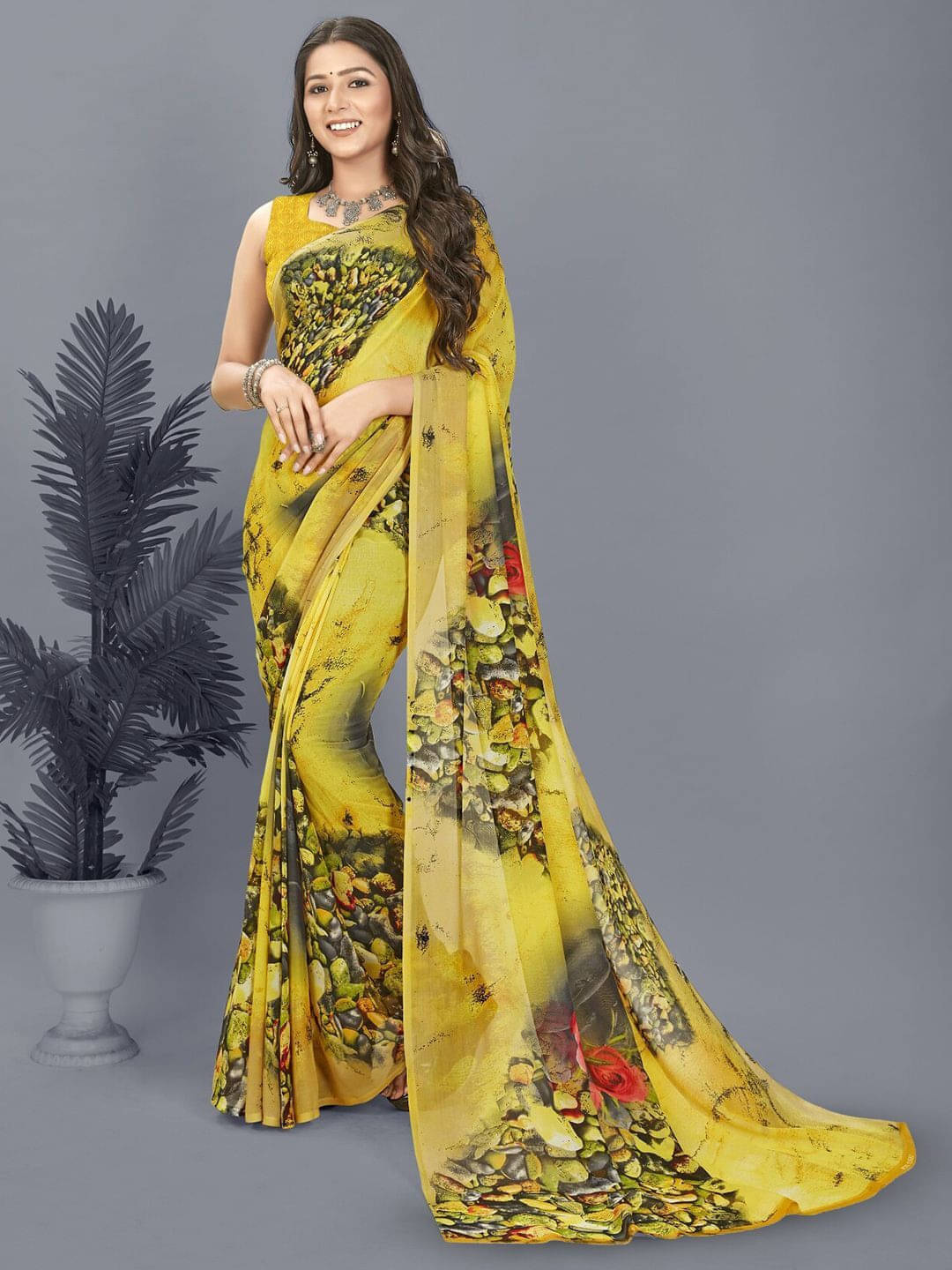 ANAND SAREES Georgette Printed Saree With Unstitched Blouse Piece ( Yellow ) ANAND SAREES Georgette Printed Saree With Unstitched Blouse Piece ( Yellow )