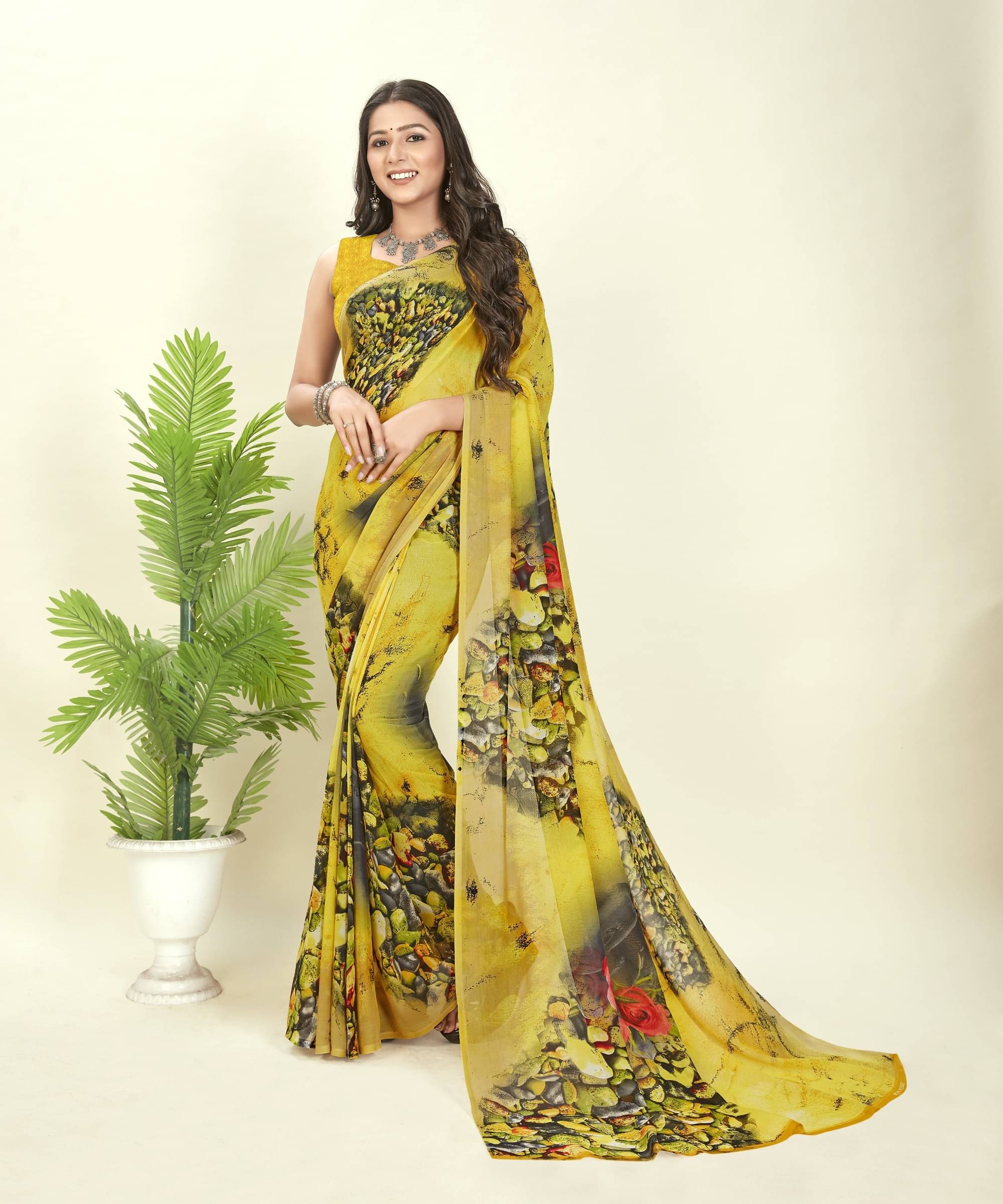 ANAND SAREES Georgette Printed Saree With Unstitched Blouse Piece ( Yellow ) ANAND SAREES Georgette Printed Saree With Unstitched Blouse Piece ( Yellow )
