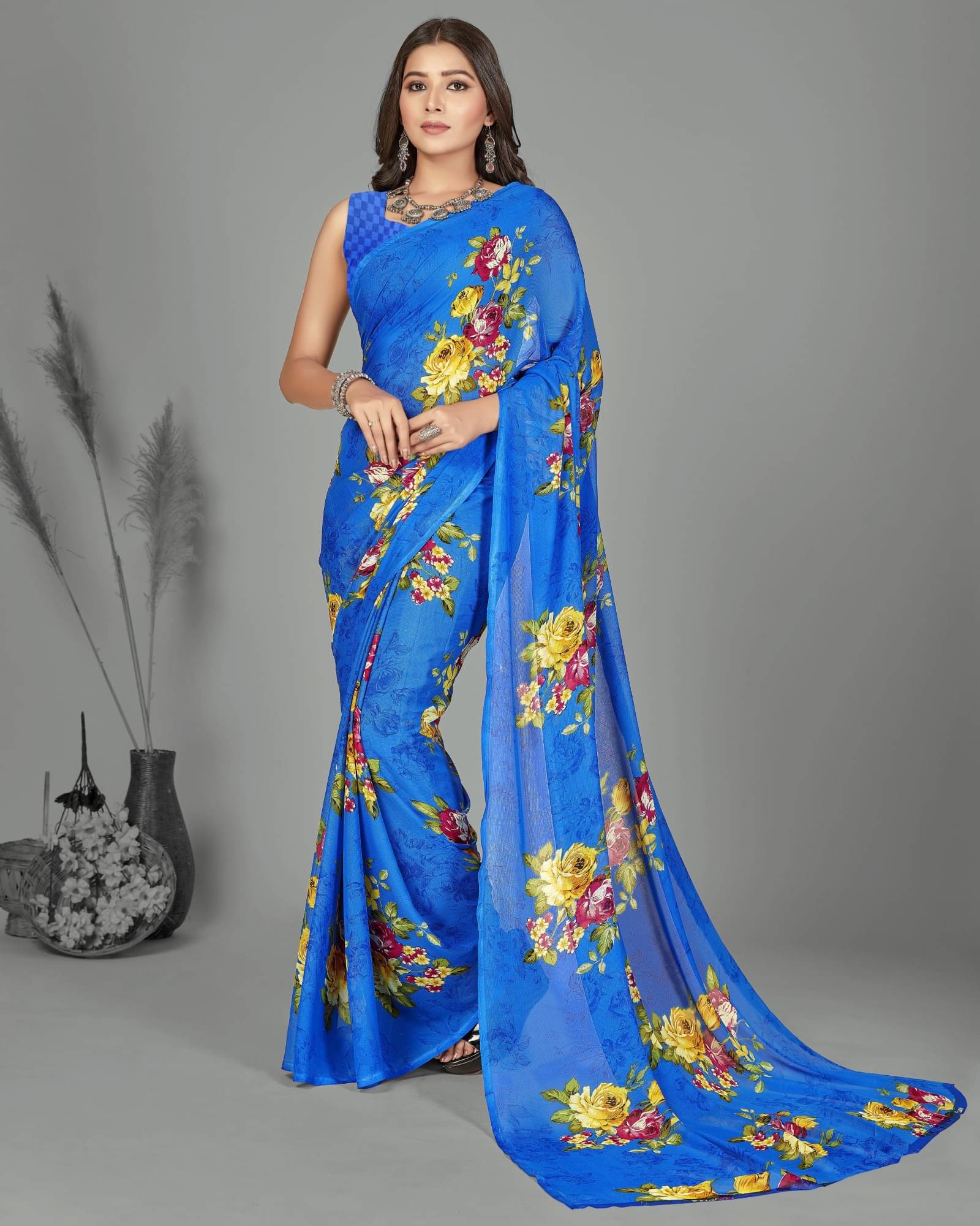 ANAND SAREES Georgette Printed Saree With Unstitched Blouse Piece ( Blue ) ANAND SAREES Georgette Printed Saree With Unstitched Blouse Piece ( Blue )