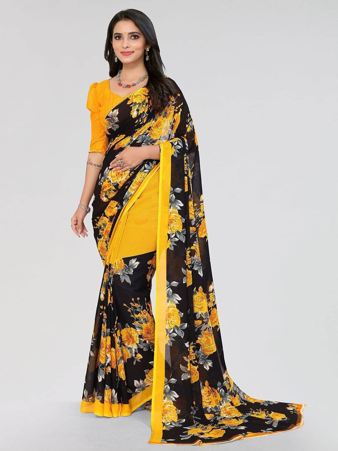     			ANAND SAREES Georgette Printed Saree With Unstitched Blouse Piece ( Yellow )