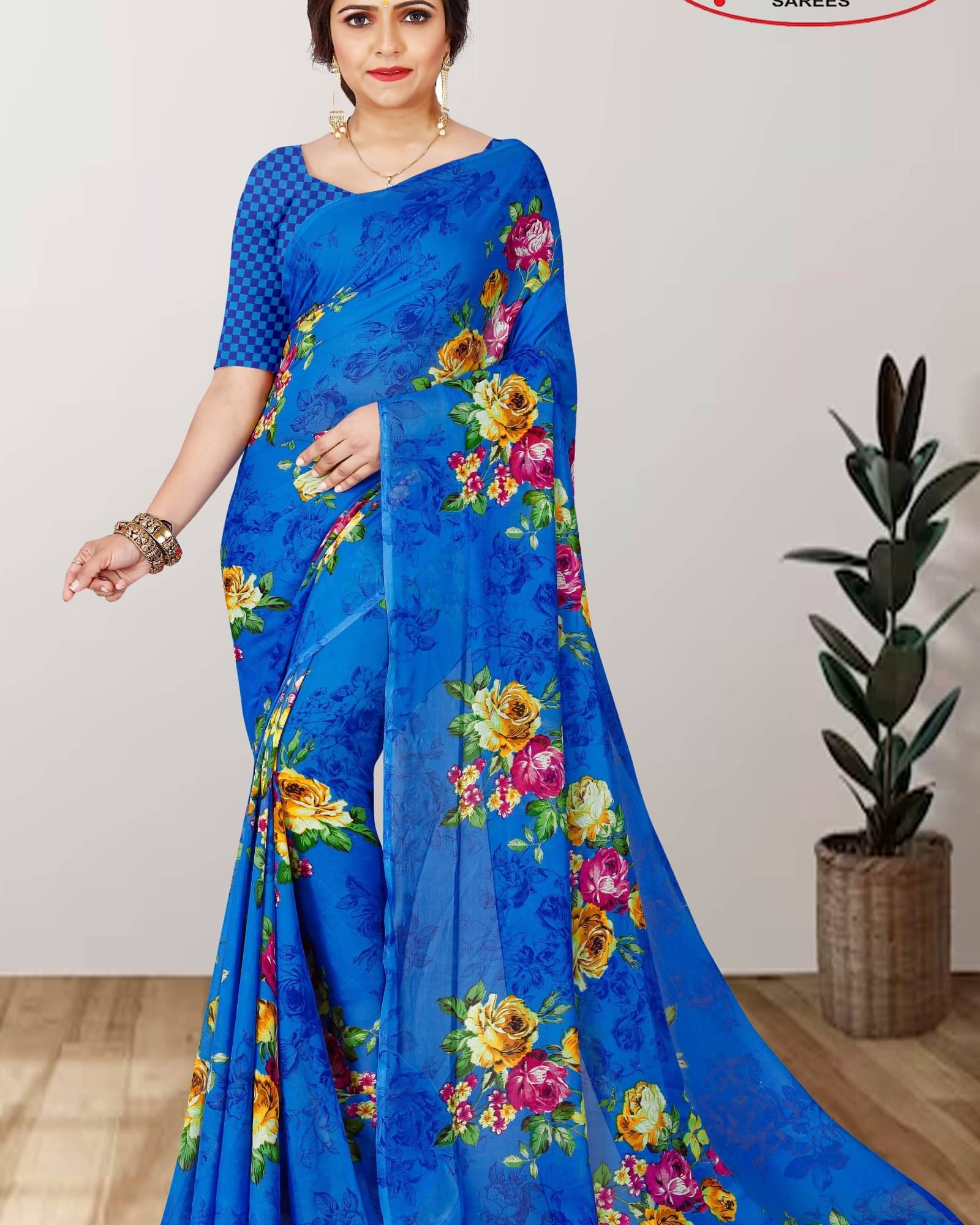     			ANAND SAREES Georgette Printed Saree With Unstitched Blouse Piece ( Blue )