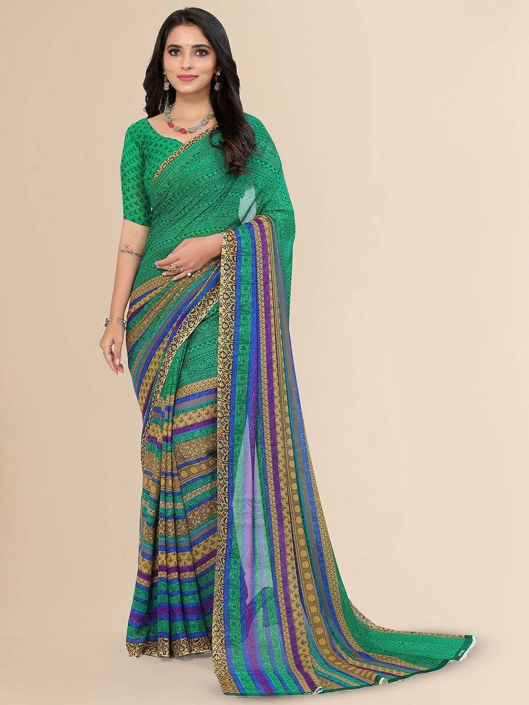     			ANAND SAREES Georgette Printed Saree With Unstitched Blouse Piece ( Green )