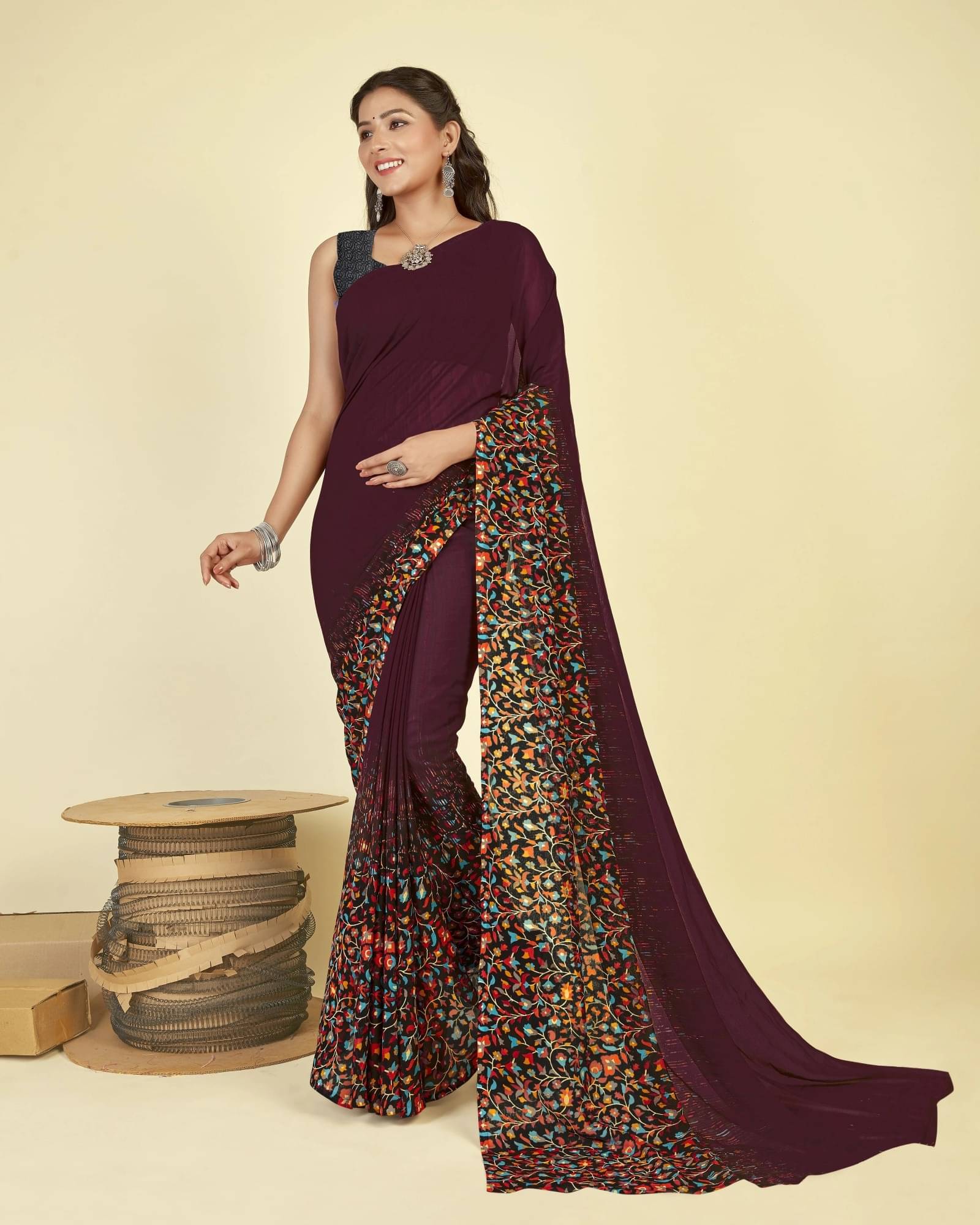 ANAND SAREES Georgette Printed Saree With Unstitched Blouse Piece ( Brown ) ANAND SAREES Georgette Printed Saree With Unstitched Blouse Piece ( Brown )