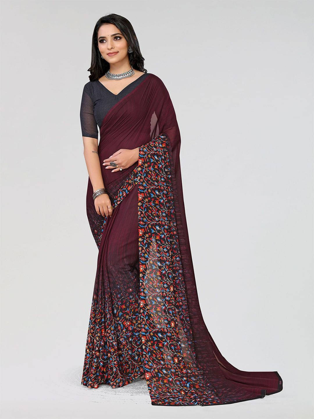     			ANAND SAREES Georgette Printed Saree With Unstitched Blouse Piece ( Maroon )