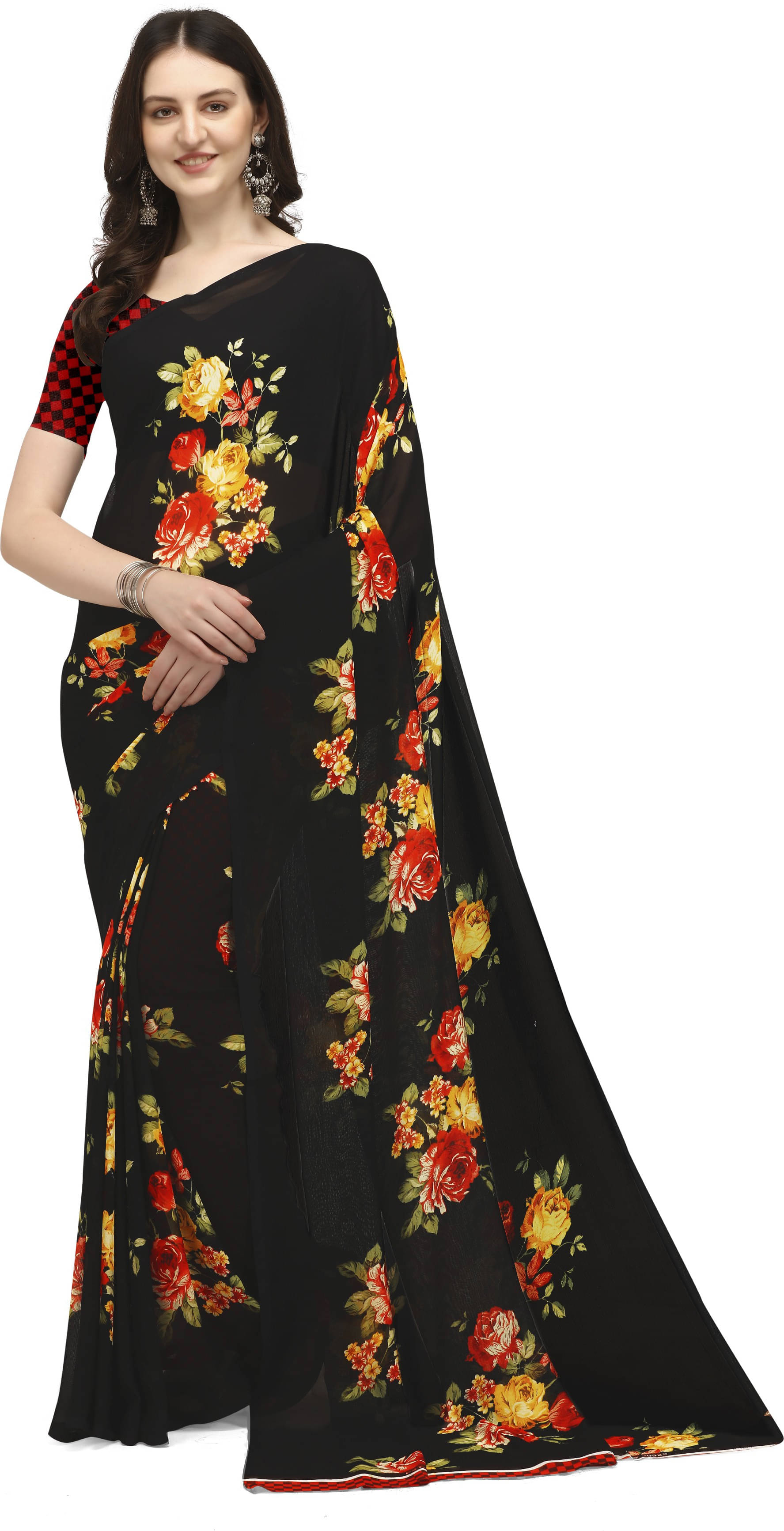 ANAND SAREES Georgette Printed Saree With Unstitched Blouse Piece ( Black ) ANAND SAREES Georgette Printed Saree With Unstitched Blouse Piece ( Black )