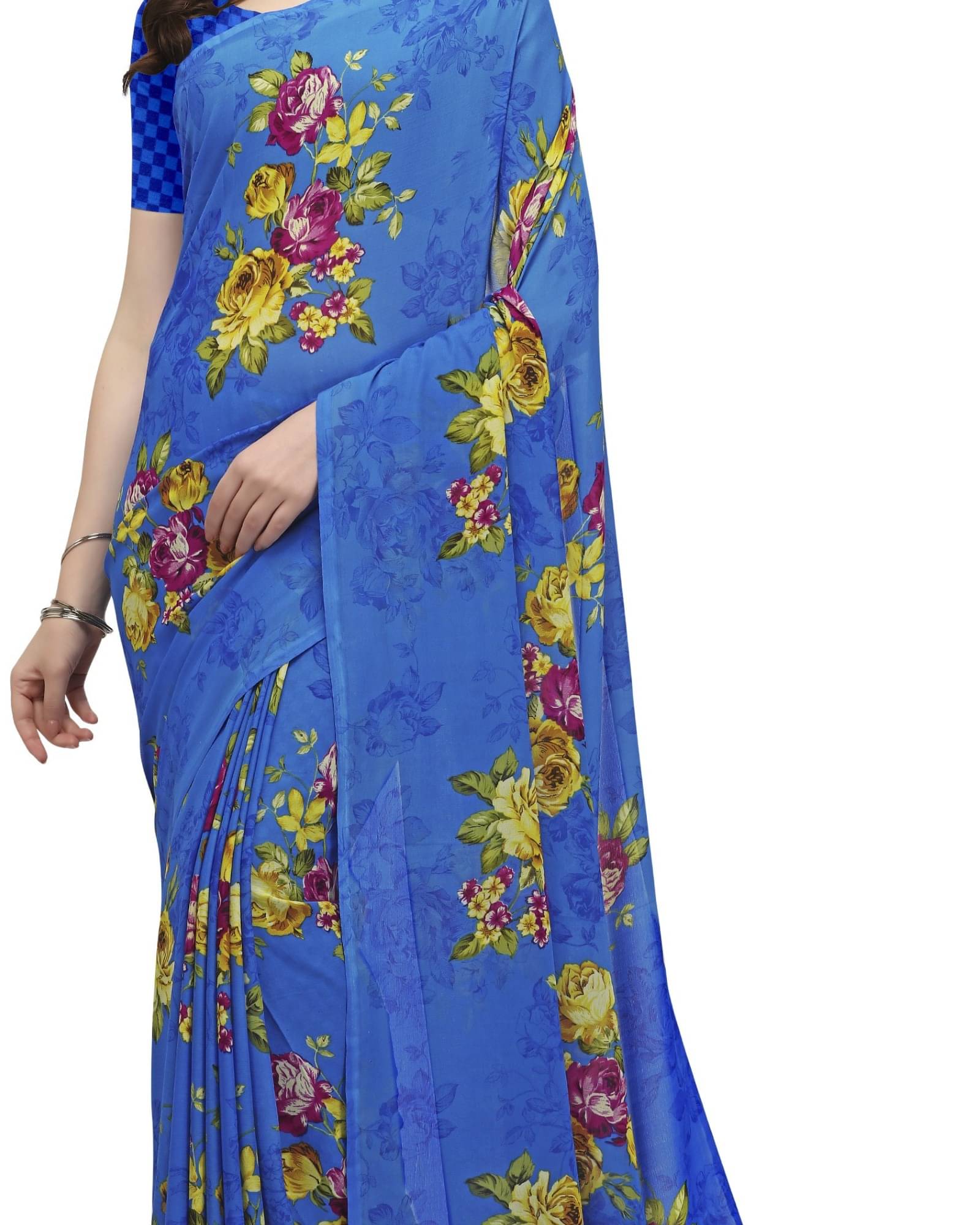ANAND SAREES Georgette Printed Saree With Unstitched Blouse Piece ( Blue ) ANAND SAREES Georgette Printed Saree With Unstitched Blouse Piece ( Blue )