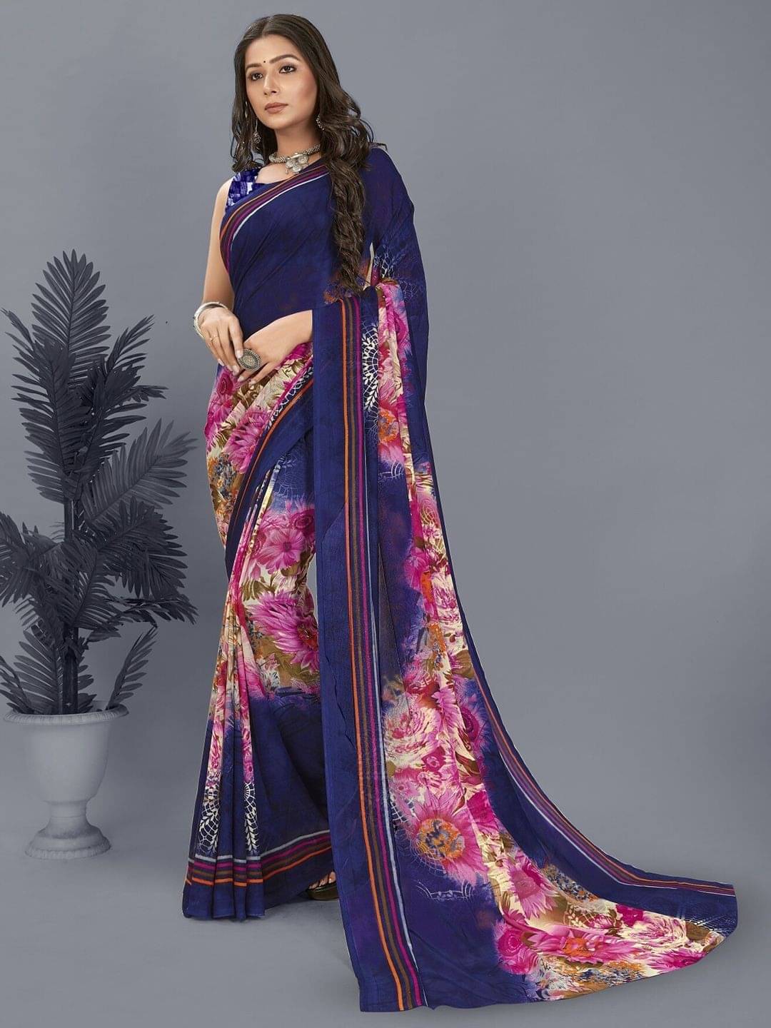 ANAND SAREES Georgette Printed Saree With Unstitched Blouse Piece ( Blue ) ANAND SAREES Georgette Printed Saree With Unstitched Blouse Piece ( Blue )