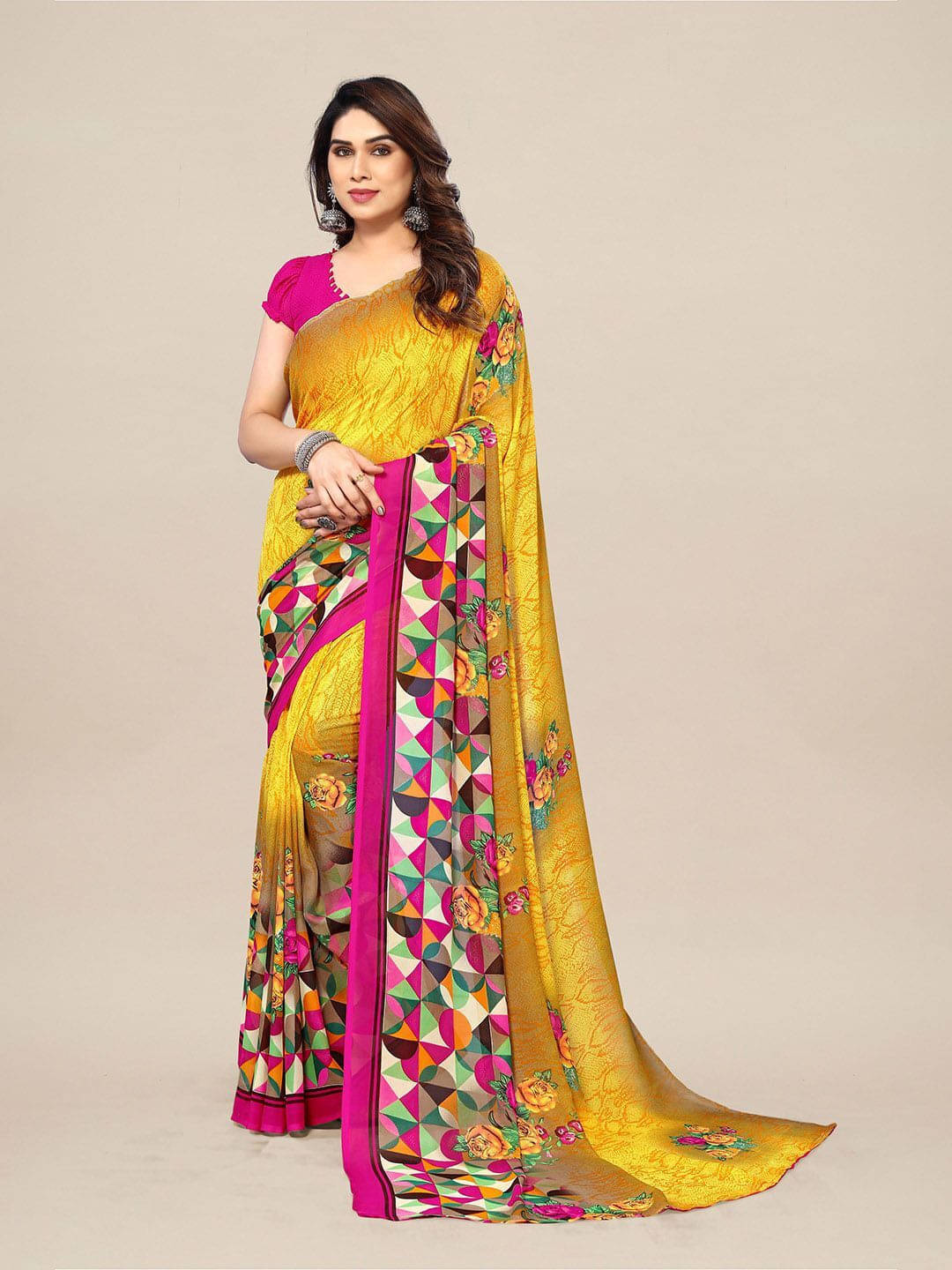     			ANAND SAREES Georgette Printed Saree With Unstitched Blouse Piece ( Yellow )